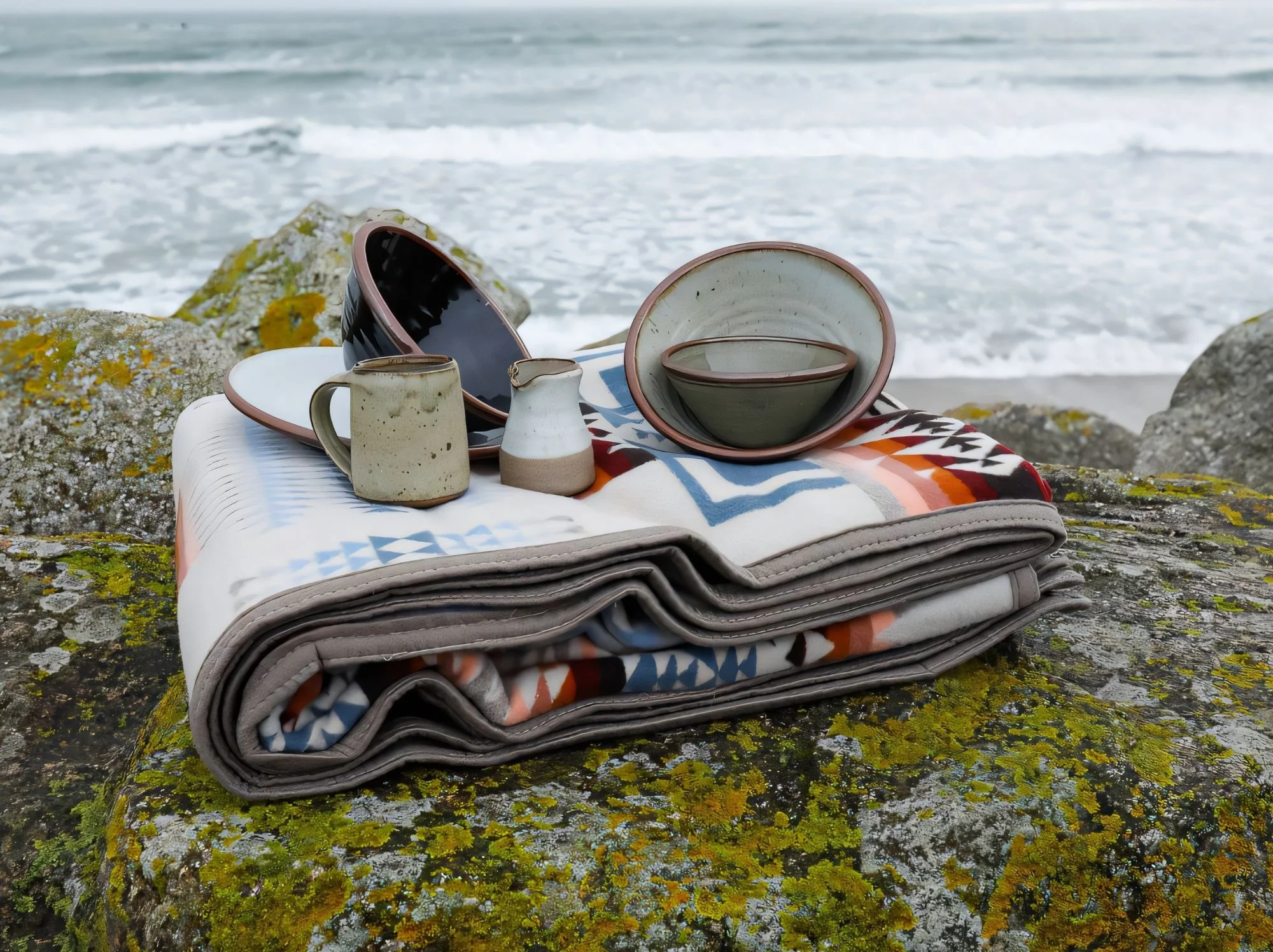 Earthenware bowls and jugs styled on a blanket on a rock by the sea