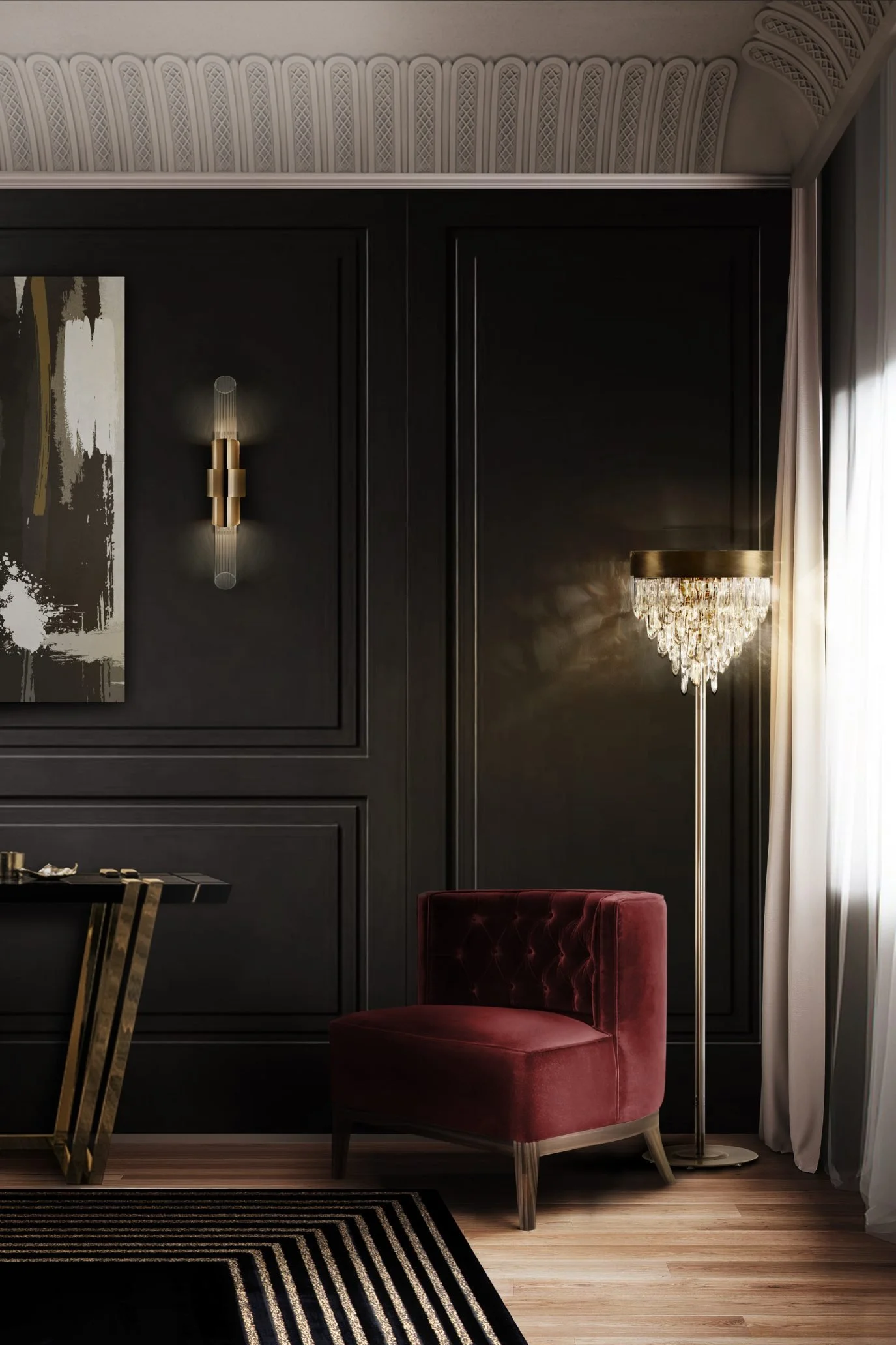 Deep red velvet Bourbon Armchair by Covet House styled against a brown wall with metallic accents.