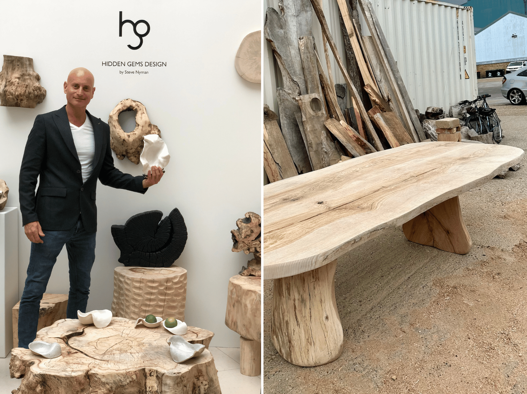 Two images one of the founder of Hidden Gems Steve Nyman on a stand at a how with sculptural wooden pieces around him. the picture on the write is of a table made of wood in his yard and salvaged pieces of wood leaning against a wall