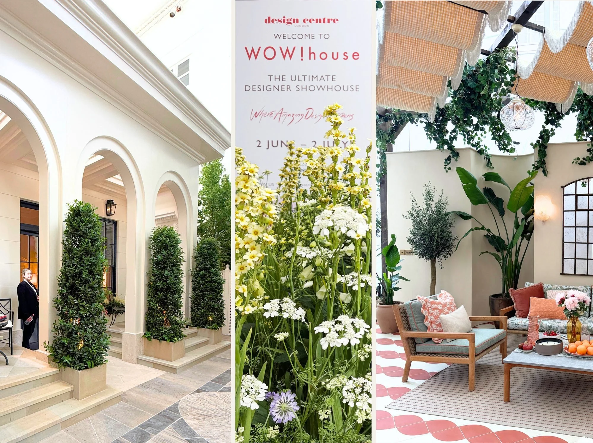 The Georgian-inspired WOW!House facade by Darren Price of Adam Architecture with loggia seating, planters and dark-framed windows and on the right a terrace with seating areas and fabric draped across