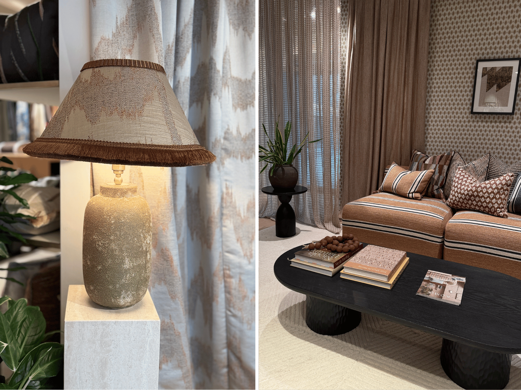 A rustic lamp is on the left with a lamp shade with a trim and on the right a stripy sofa and cushions a black coffee table with books on it and a side table with a black pot and plant