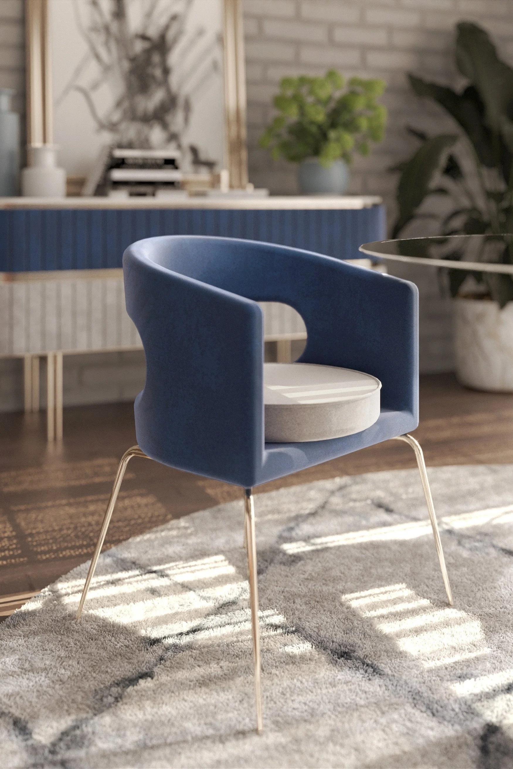 A blue modern chair infront of a blue and white console