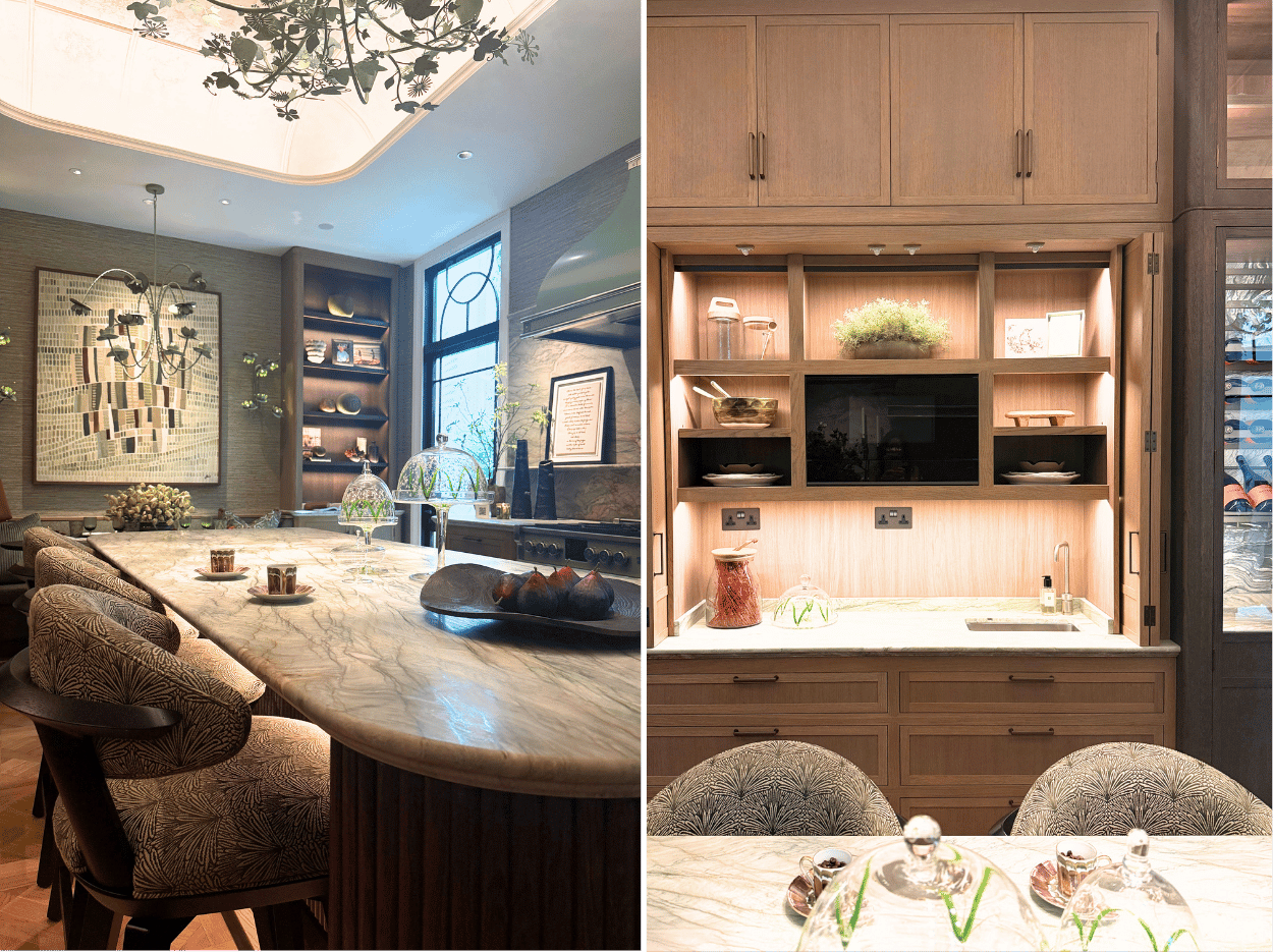 Kitchen by Samantha Bartlett for Martin Moore featuring a curved island, green quartzite and nature-inspired design.