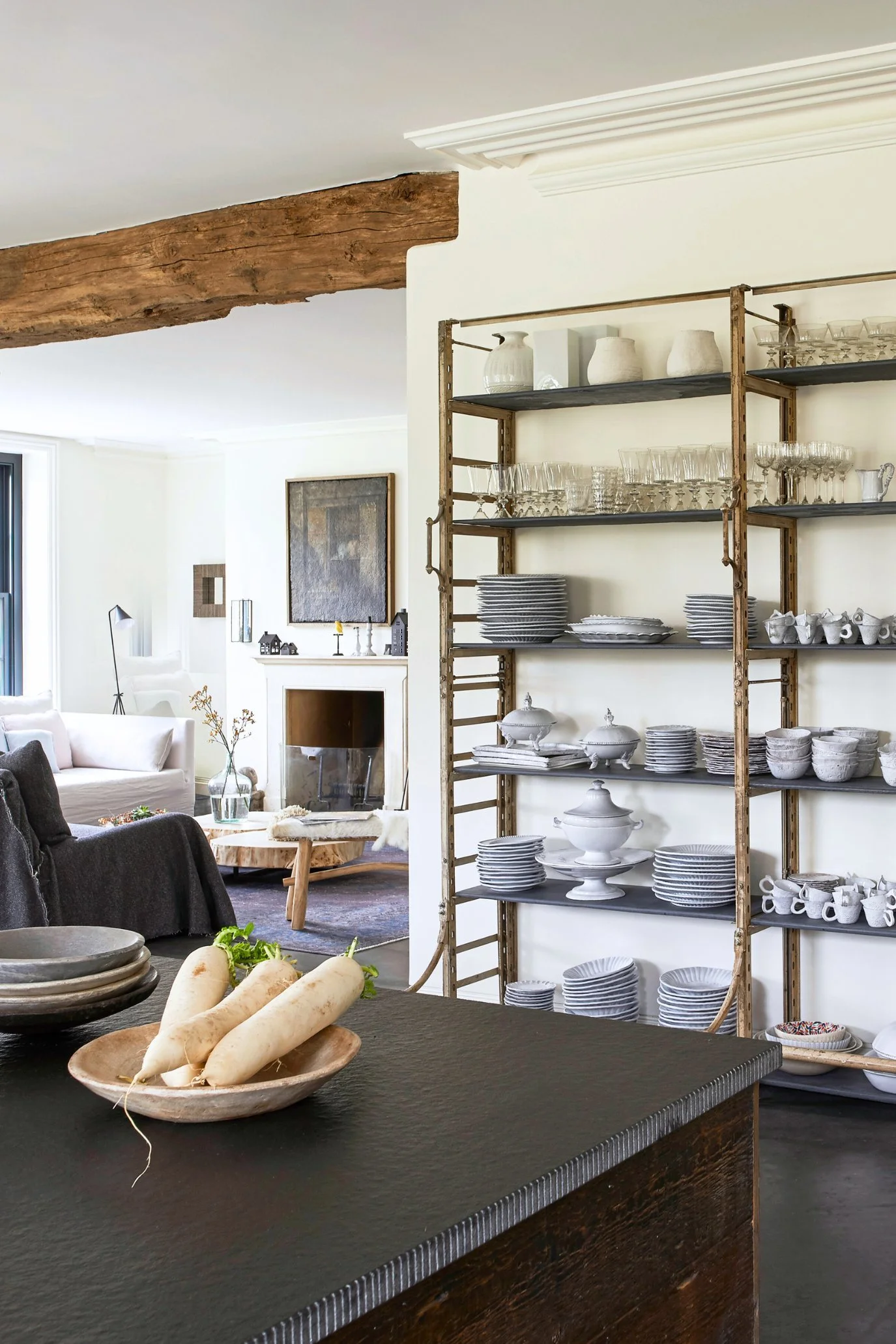 Old Dutch open shelving unit with Astier de villatte tableware