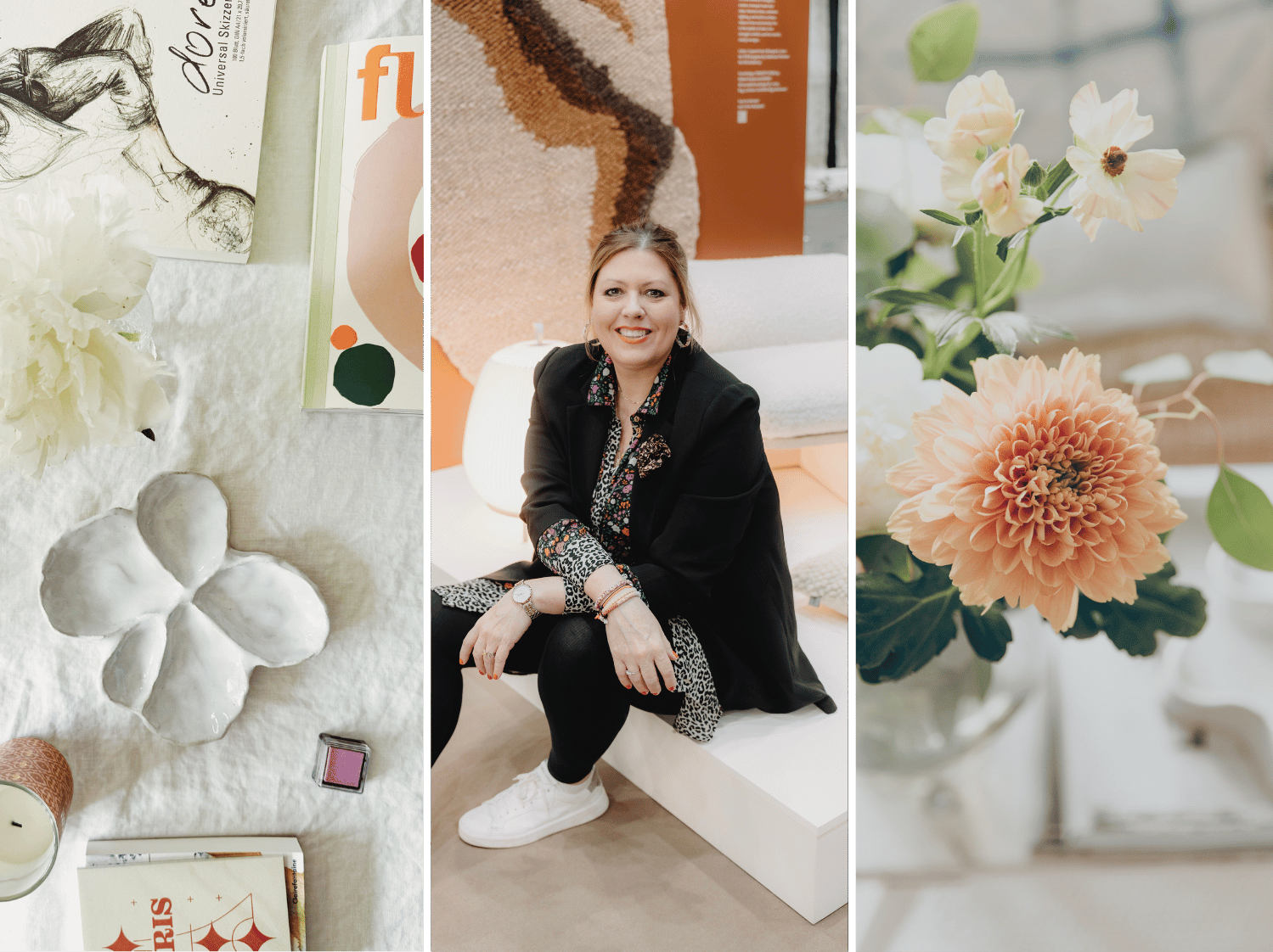 A collage of three images. The one in the centre is a portrait of Holly Becker, with peach flowers on the right and white creative pieces and books on the left.
