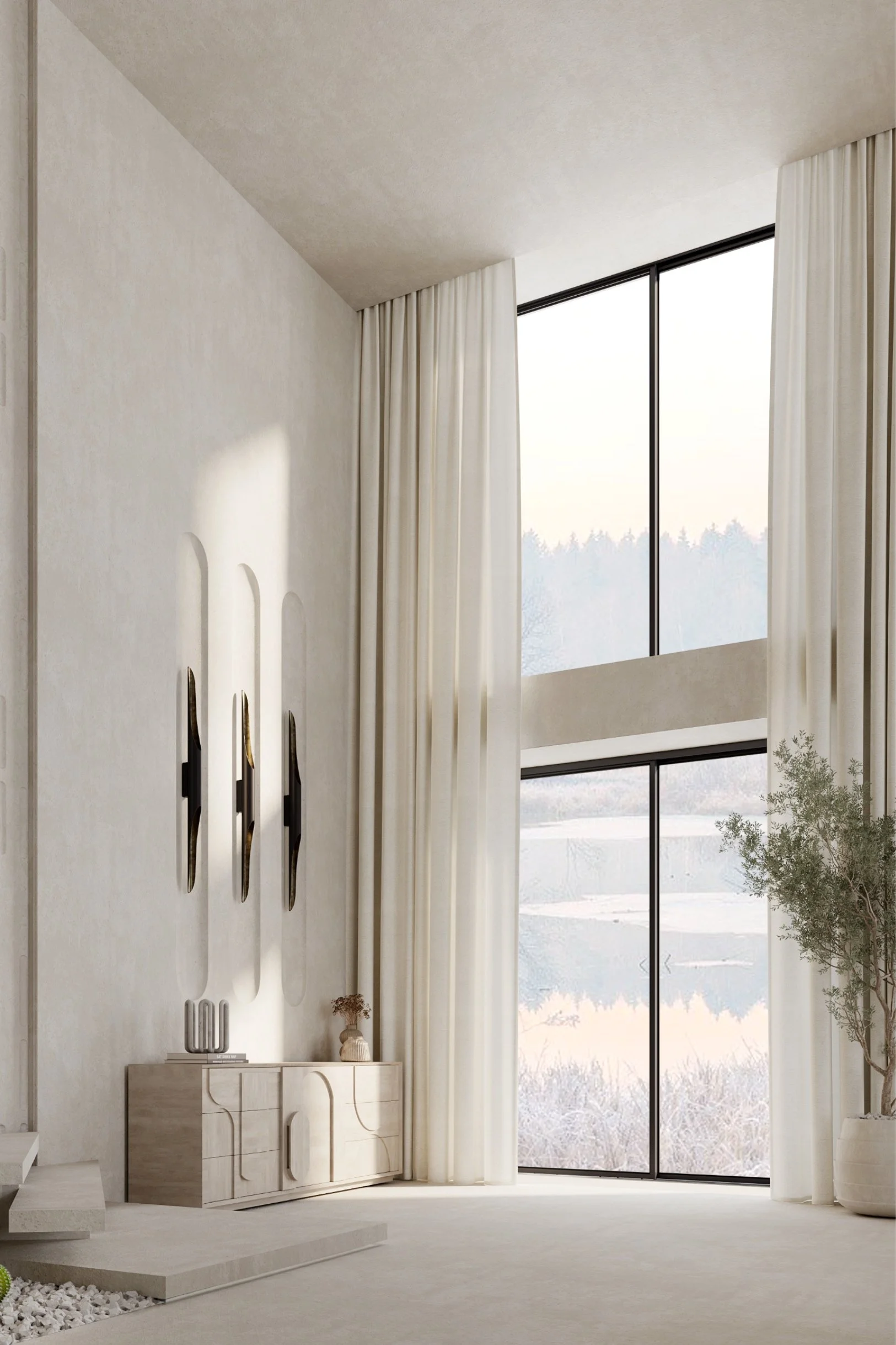 An all white interior with a large window, extra high ceilings and white sheer curtains with a sideboard on one side and potted plant on the other