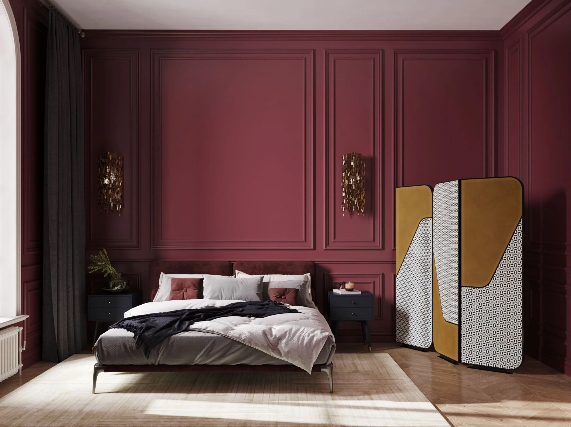Caffe Latte bedroom featuring rich red tones across wall panelling, upholstered headboards and cushions.