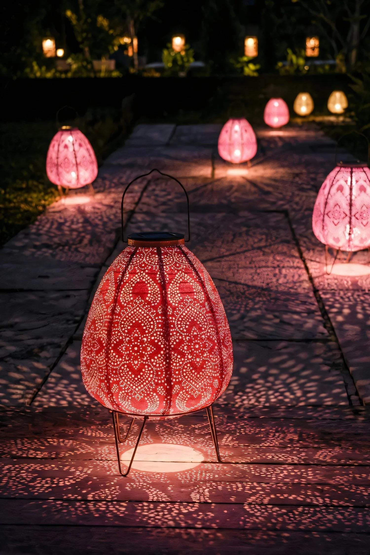 Decorative outdoor lantern casting intricate lace-like shadows across a garden patio after dark.