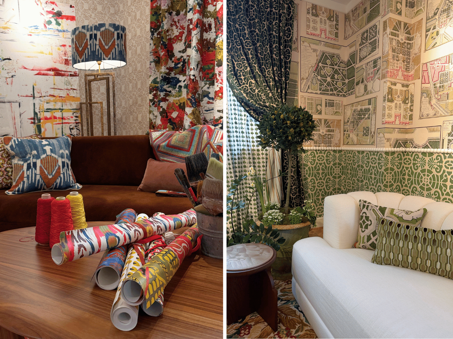On the left a coffee table with rolled up wallpaper, three cotton reels and paint brushes in a pot. behind is a brown sofa with cushions and a floor lamp behind on the right a cream sofa with green cushions and two types of green wallpaper behind