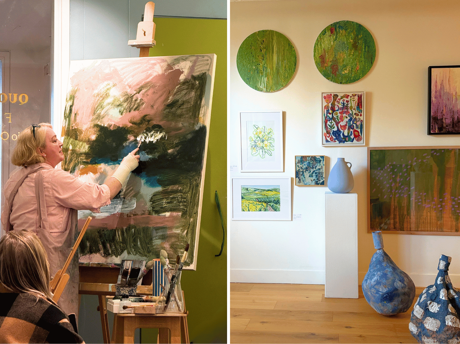 An artist with an easel painting on the left art and sculpture displayed in the image on the right