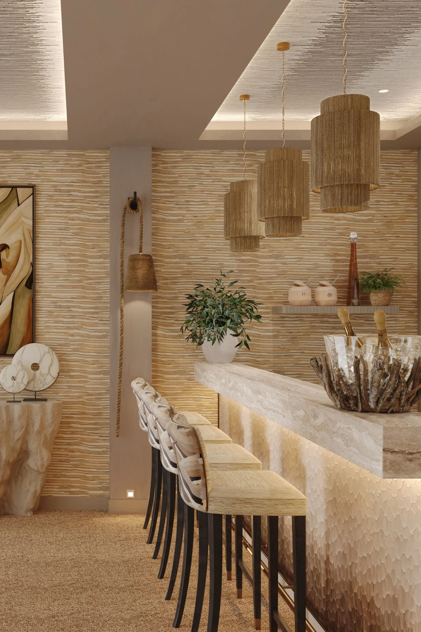 Coastal-inspired interior with woven pendant lights and natural materials