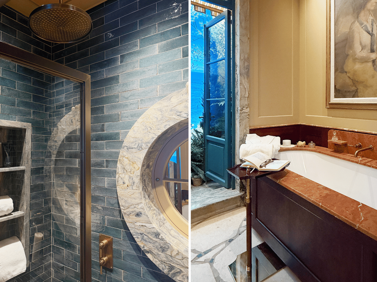 Mediterranean-inspired bathroom by De Rosee Sa featuring rose-toned marble, architectural detailing and summer-inspired styling.
