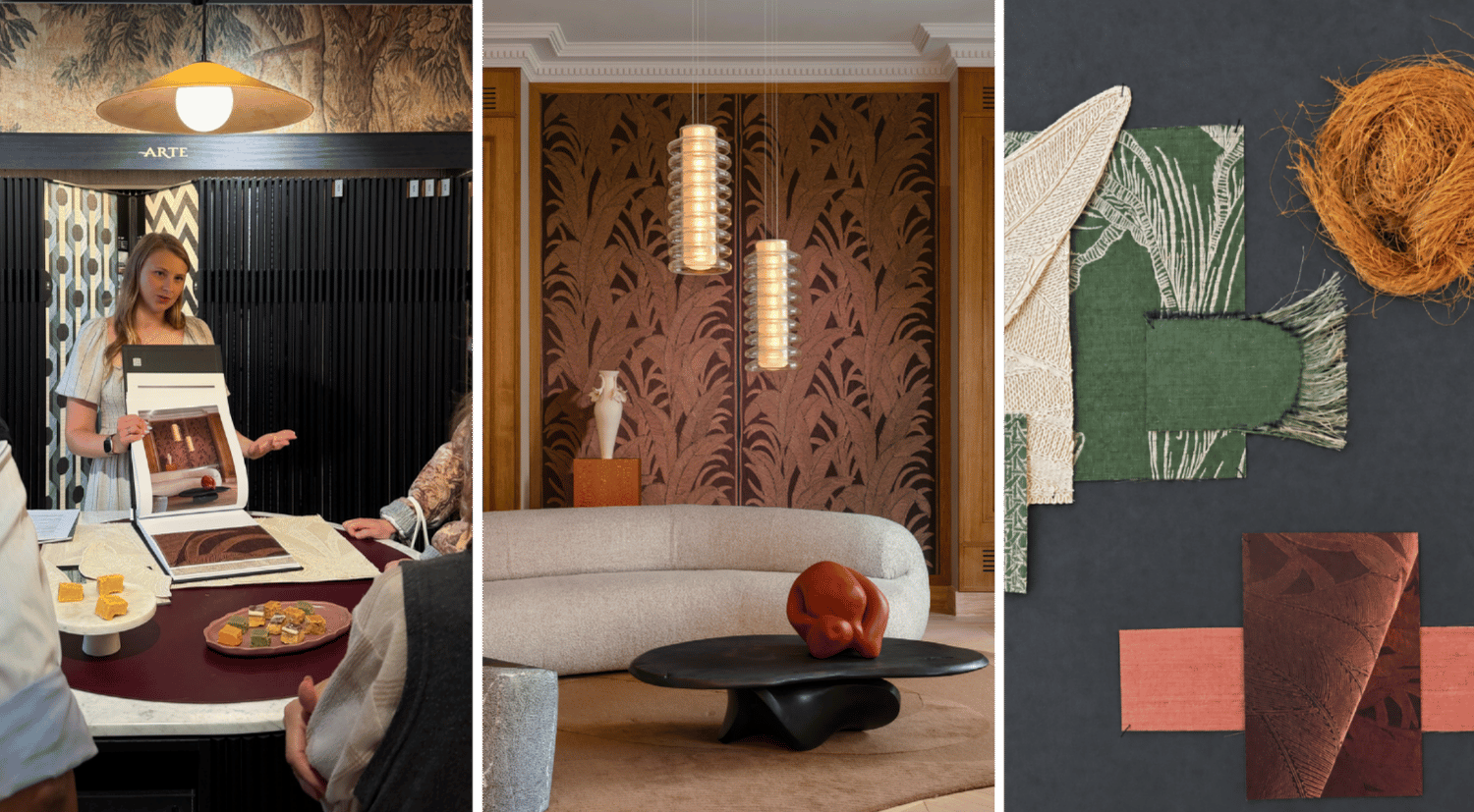 Arte showroom at FOCUS/26 showing tactile wallcoverings, earthy tones and layered natural textures.