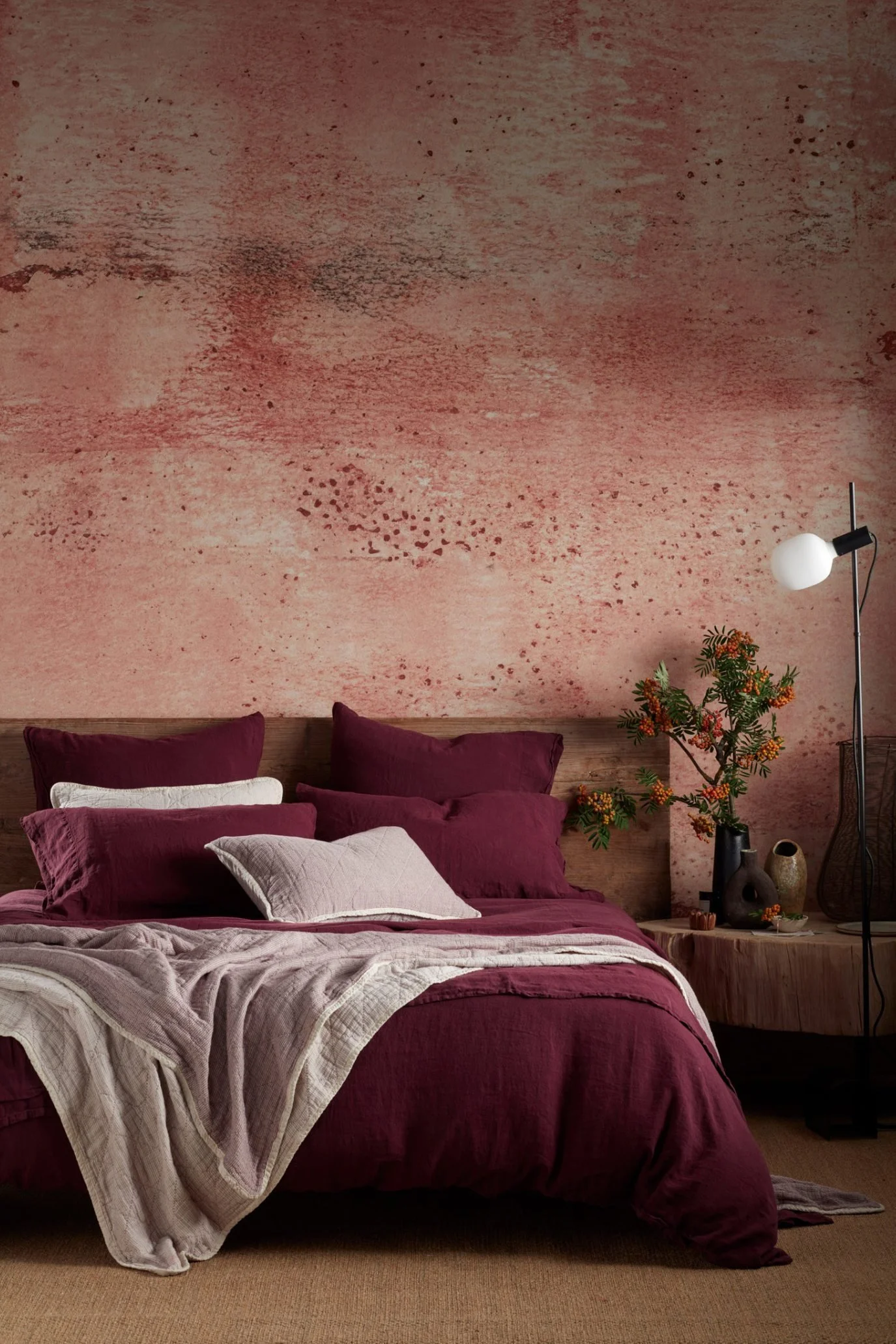 Bed styled with beetroot red linen bedding from The Secret Linen Store, bringing a warm wine-toned accent into the bedroom.