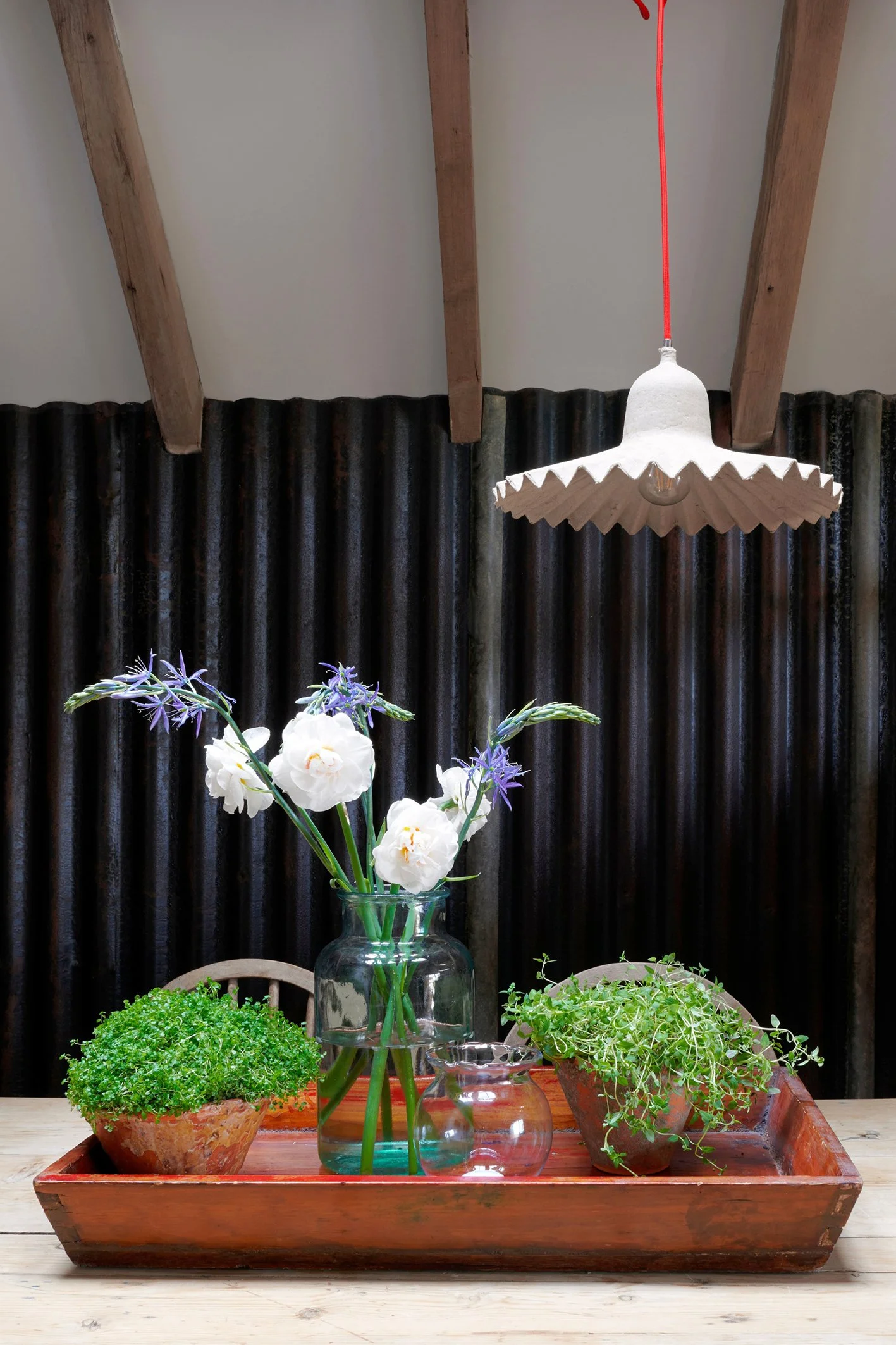 A red tray with two potted herbs in terracotta pots and 5 flowers in a vintage glass vase