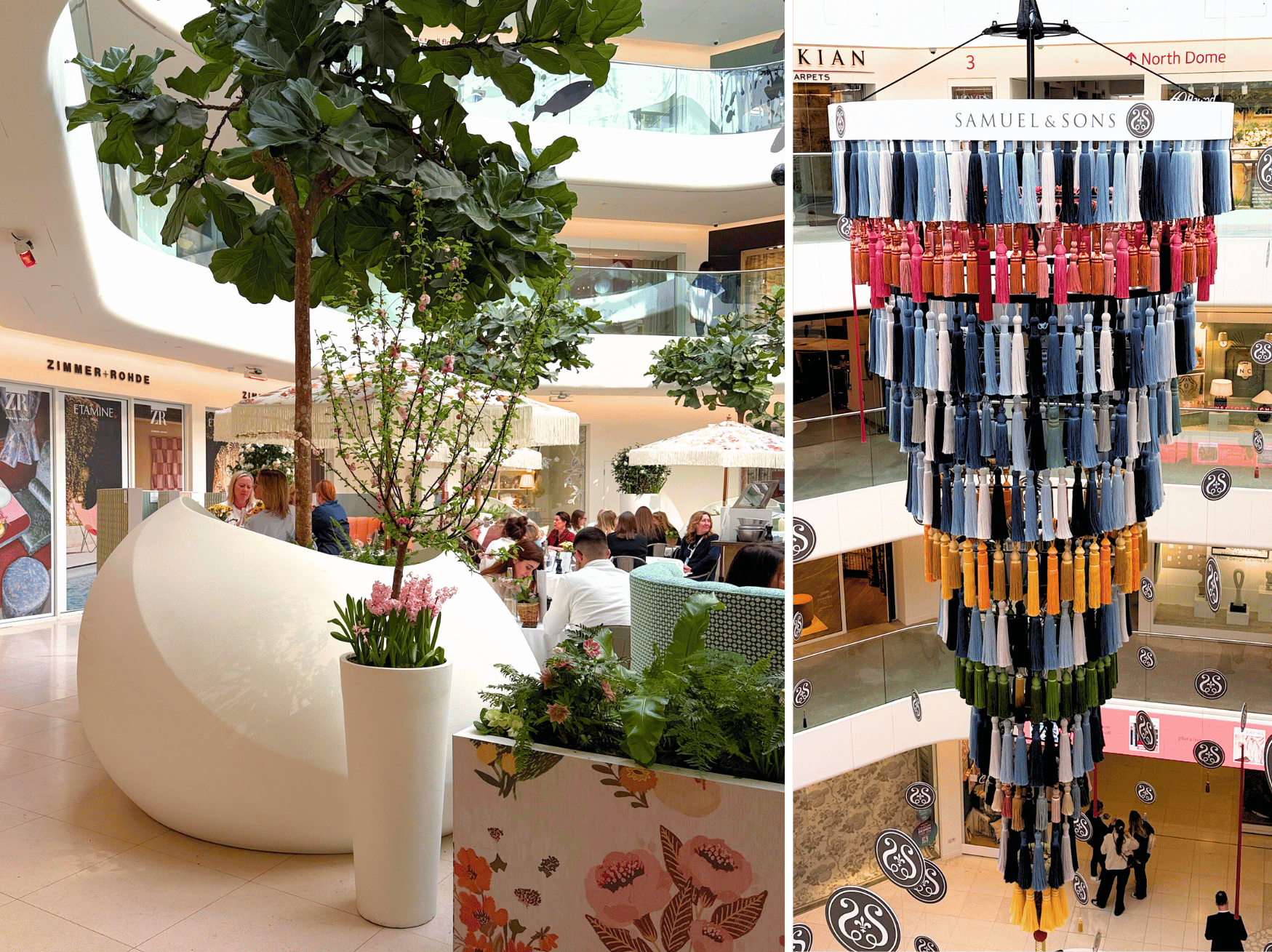 A large white planter with a tree as part of a decoration in a restaurant in the design centre, on the right an installation made from 500 tassels