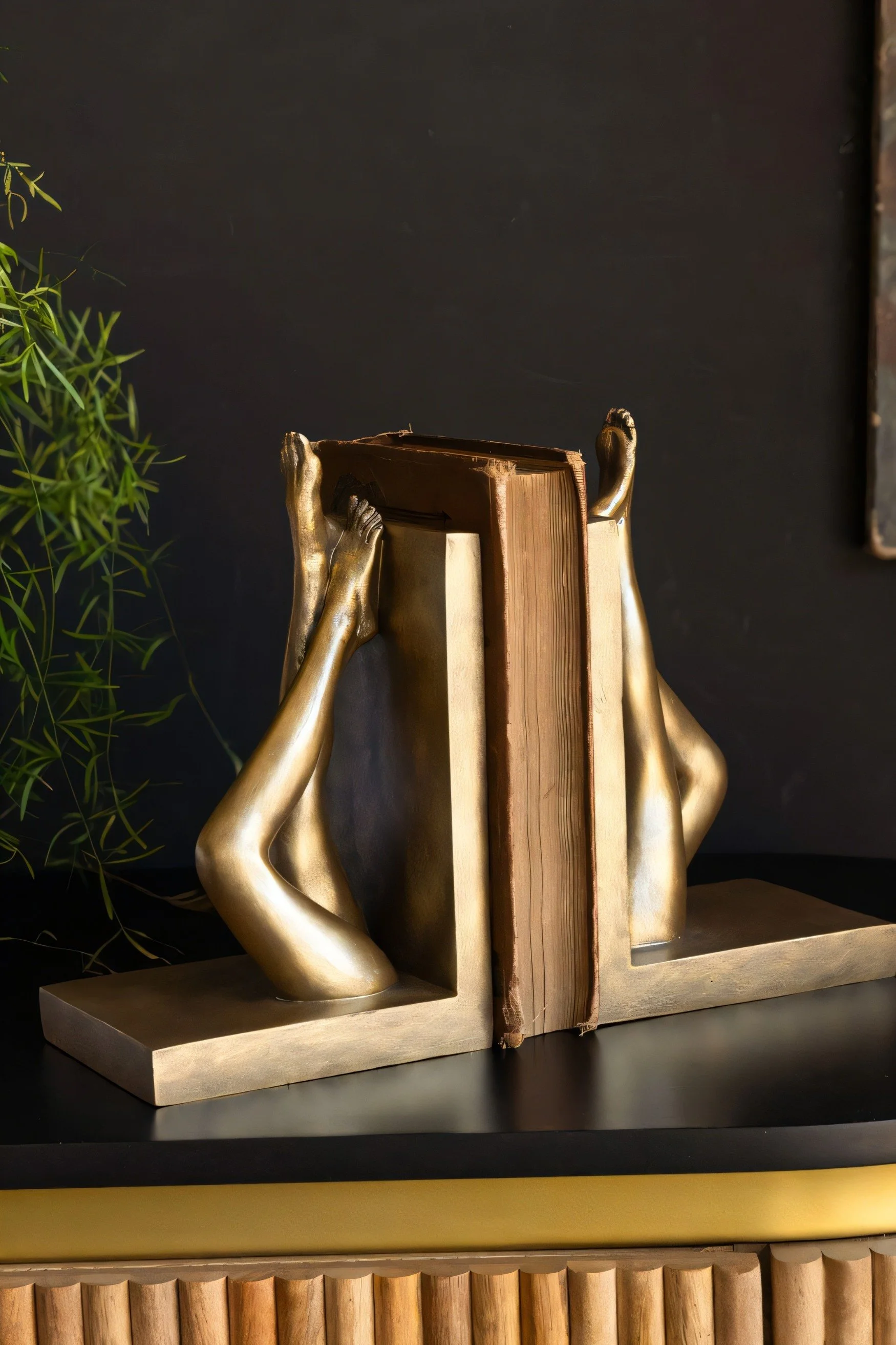 Two bronze bookends with kicking legs on a black shelf next to a plant