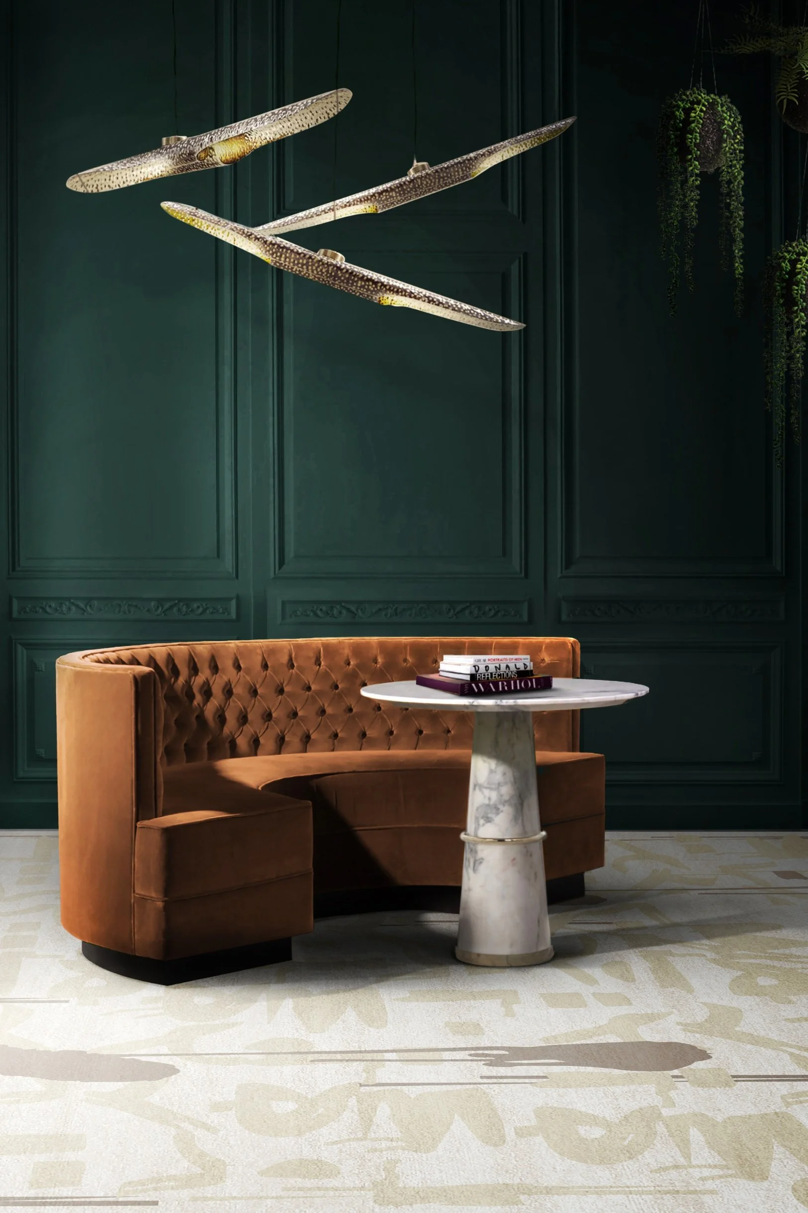 Dark green panelled wall with a rust sofa on a white rug with neutral etchings