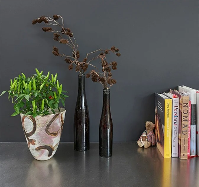 Home decor items a group of cookery books upright on a steel kitchen countertop with a handmade pot with chilli peppers and two dark glass bottles with dried branches.
