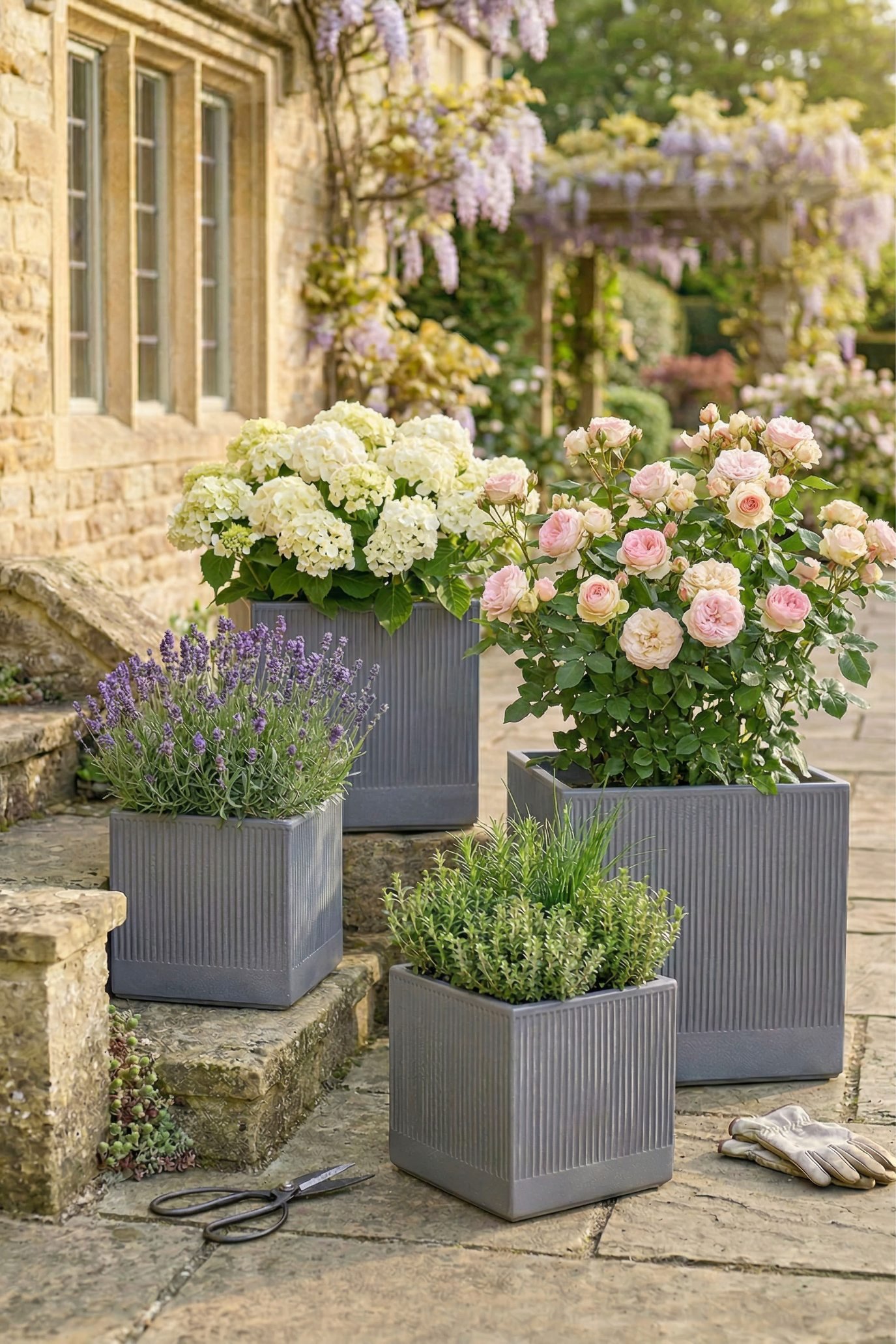 Graphite grey square fibreclay planters by Dibor