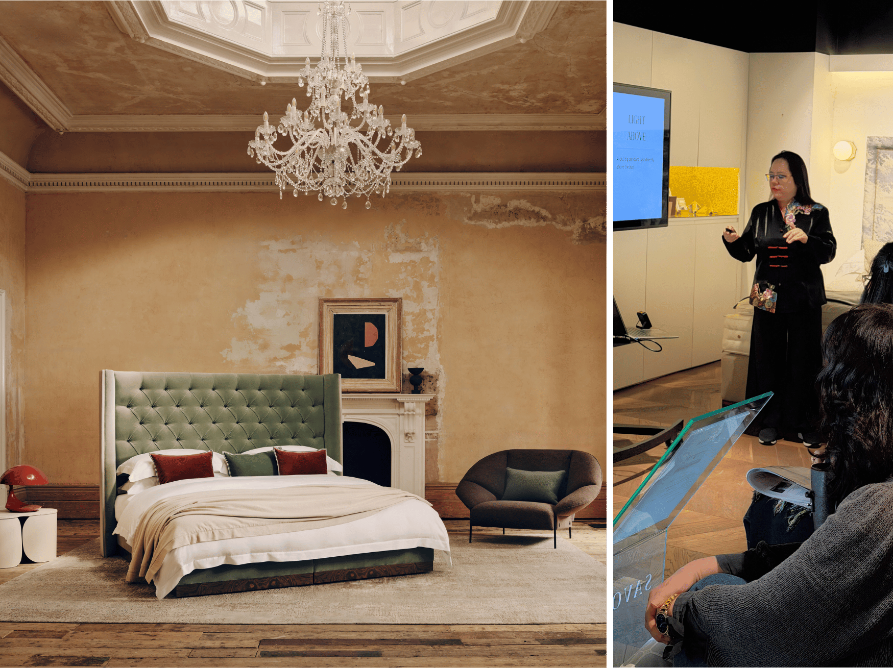 On the left is a bed with a green headboard and a chandelier and chair on the right is a woman giving a demonstration