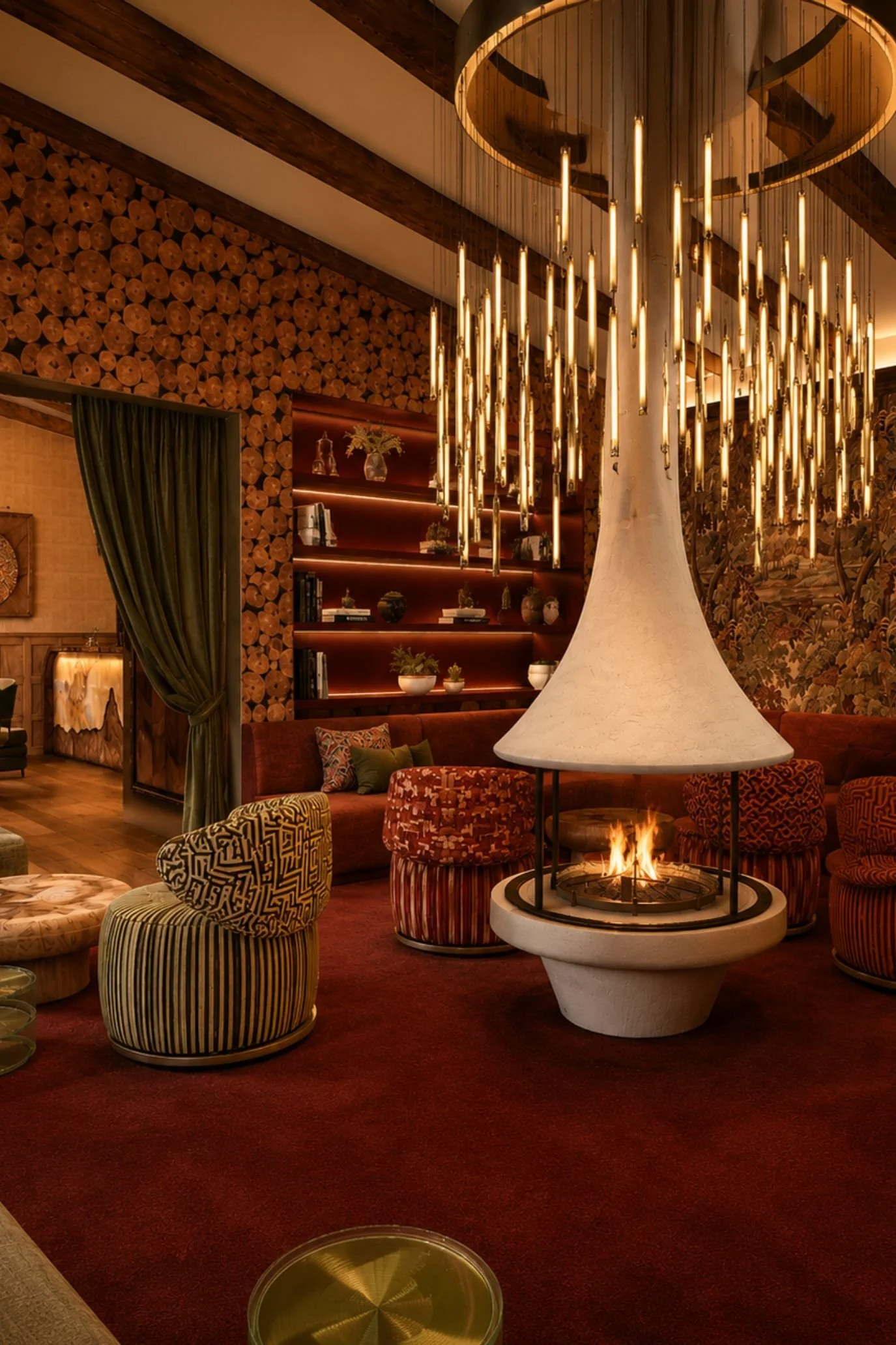 Digital visualisation of an alpine-inspired lounge with a suspended fireplace and sculptural lighting