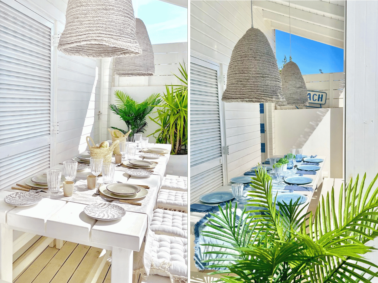 Outdoor dining table styled in two different ways using neutral and blue colour palettes on a covered terrace.