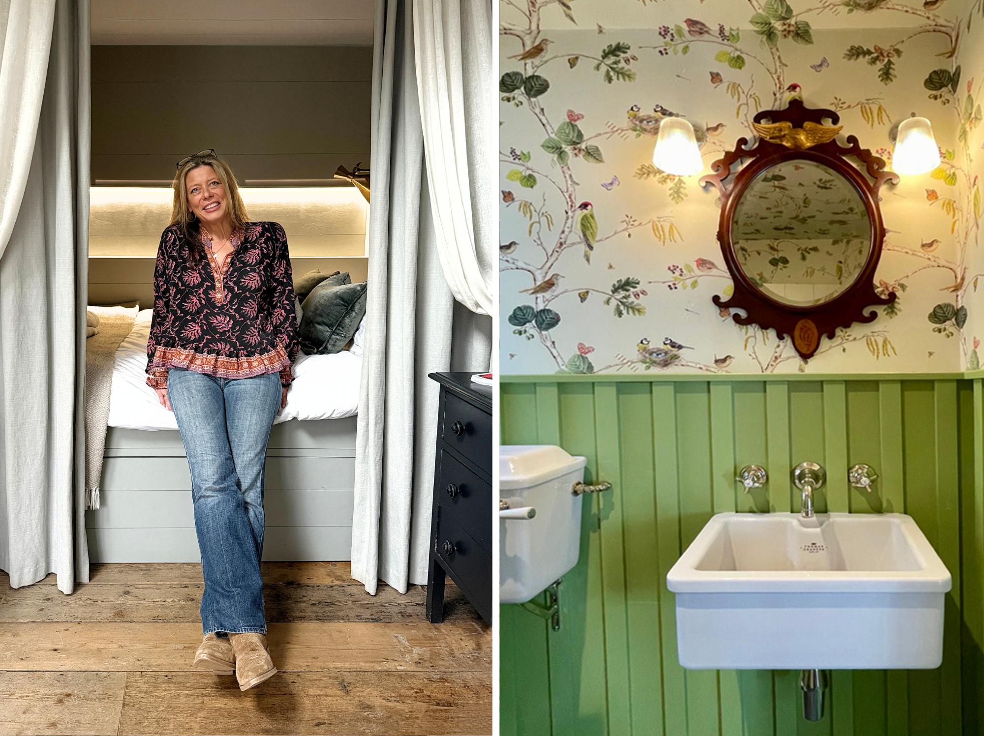 in the picture on the left a woman is sitting on a bed with curtains either side, on the right is a wallpapered bathroom with green panelling a white sink and a vintage mirror