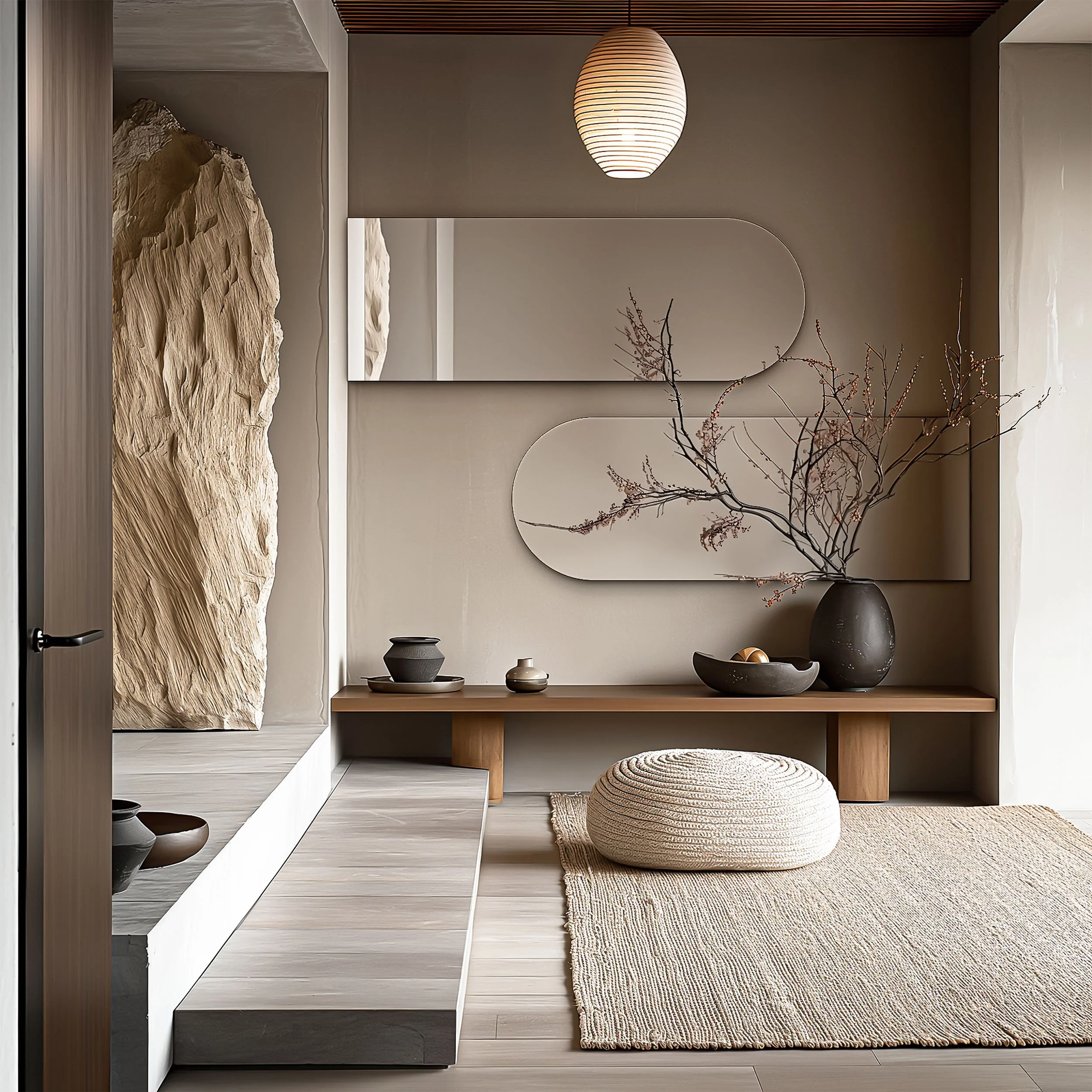 stylish oval shaped mirrors hung horizontally on a wall in a bathroom with a rope poof and low wooden table  with vessels and a vase with a branch.