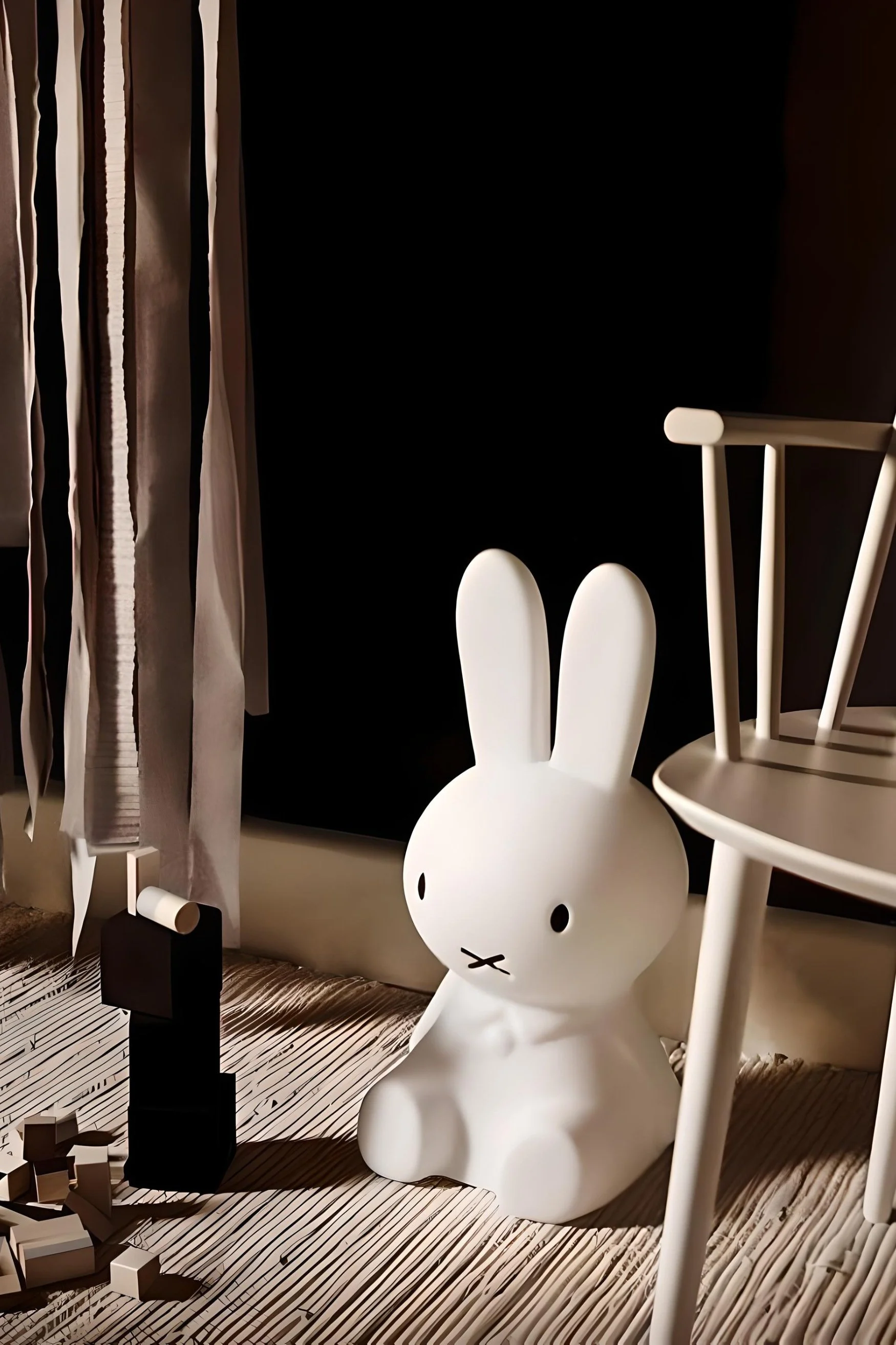 A lamp in the shape of Miffy in white next to a chair
