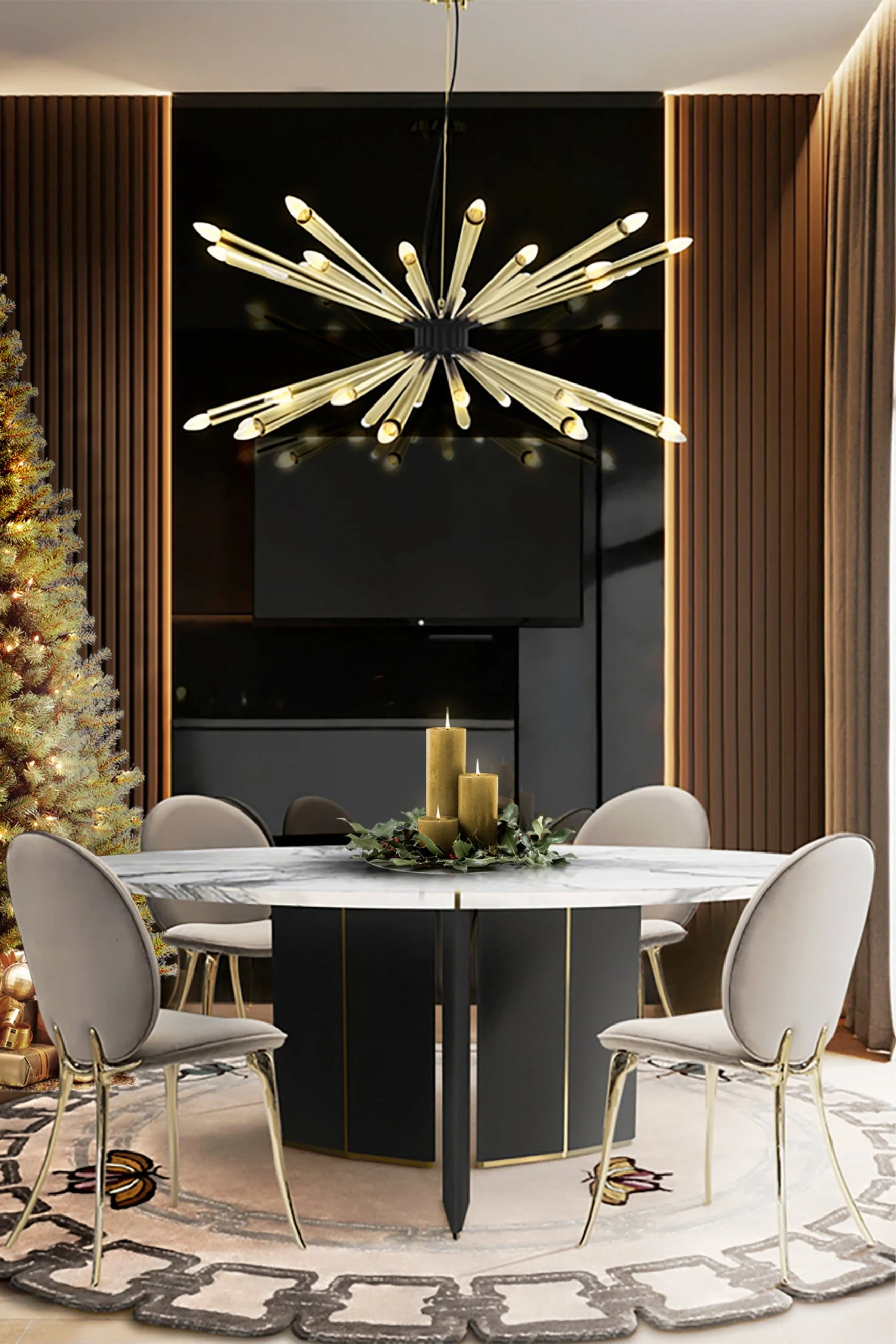 A round table with candles in the middle and a modern chandelier hanging above