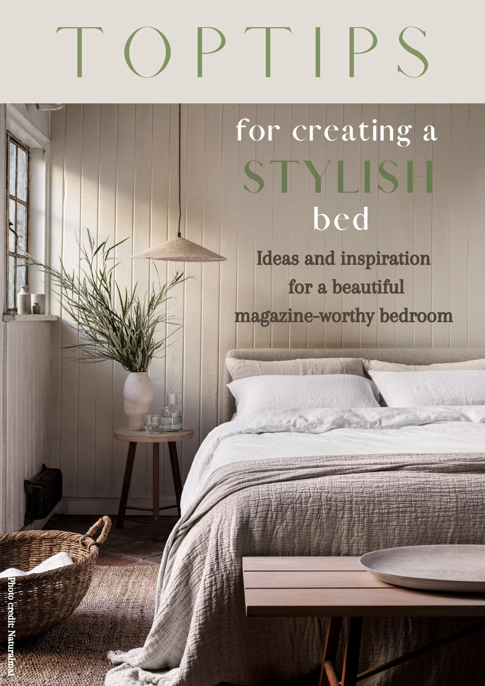 An image of a cover of brochure Top Tips on creating a stylish bed with a bed dressed in neutral toned linen cushions and throws against an shiplack wall