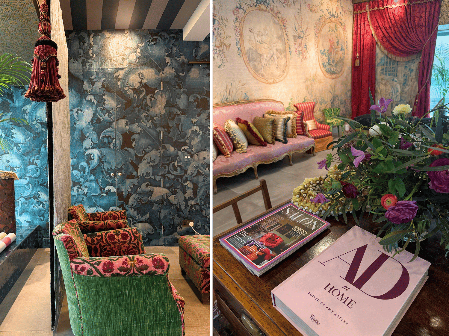 On the left is a showroom with two green chairs a large tassels and a blue wallpaper on the right is an AD book some magazines next to flowers with a pink sofa in the background
