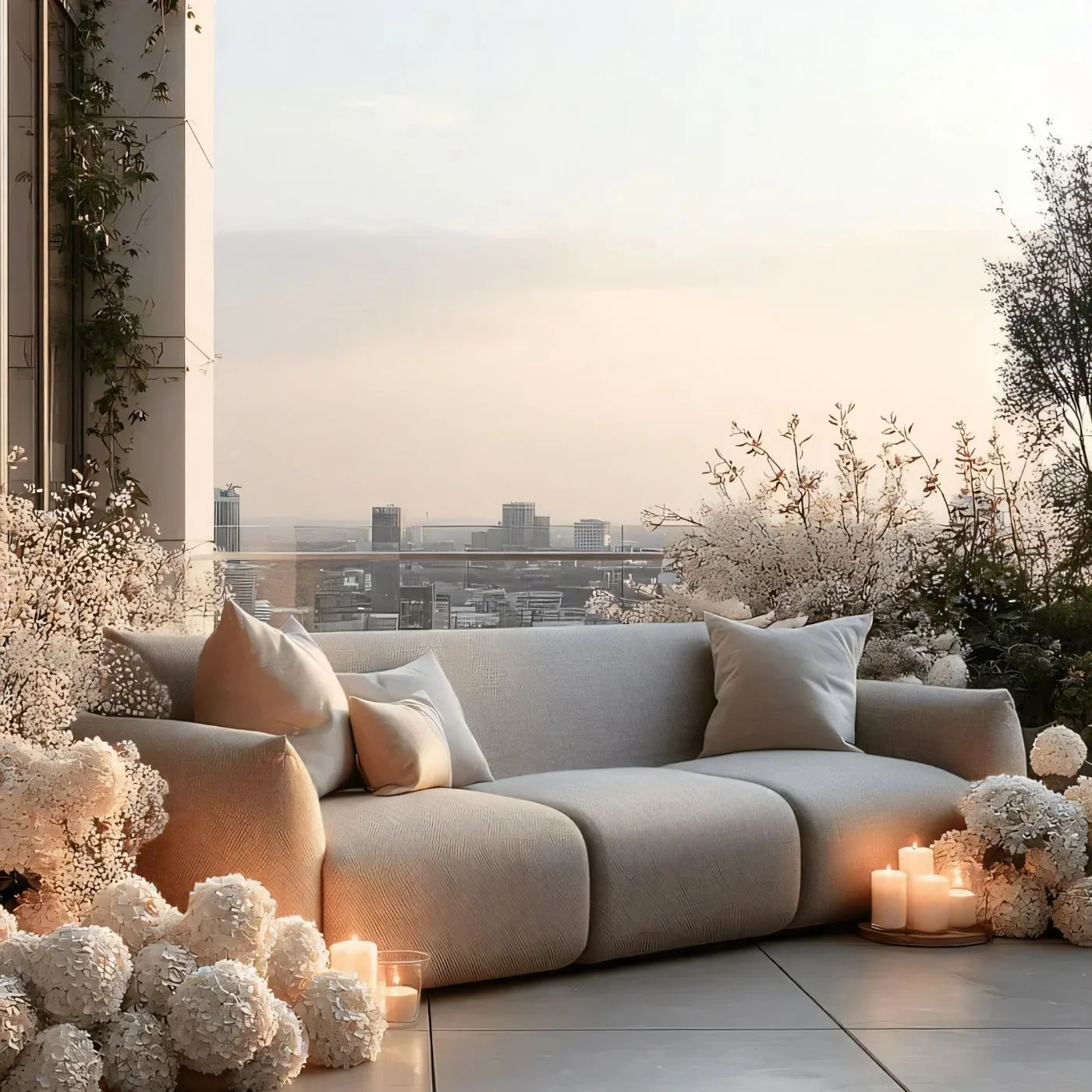 A stylish fabric outdoor sofa situated on a balcony with views of a city behind