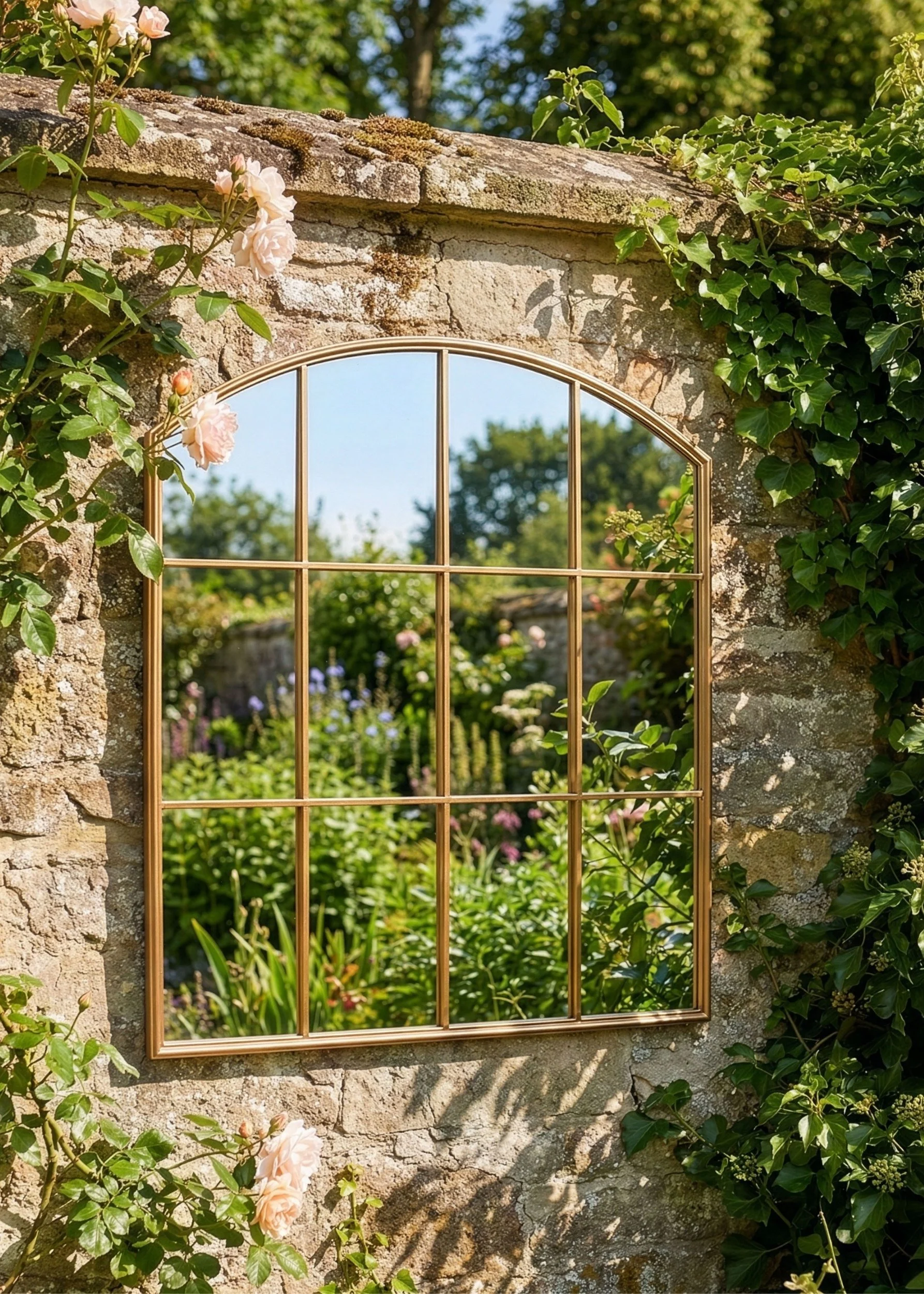 A gold windowpane arched mirror on an old brick wall surrounded by ivy and roses