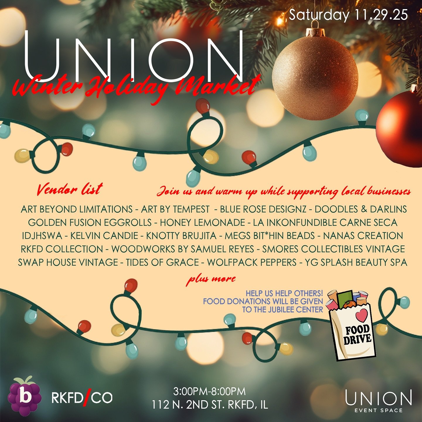 𝐔𝐍𝐈𝐎𝐍 𝓦𝓲𝓷𝓽𝓮𝓻 𝓗𝓸𝓵𝓲𝓭𝓪𝔂 𝓜𝓪𝓻𝓴𝓮𝓽 🎄| 11.29.25 During #StrollonState @unionrockford | Join us and warm up with vendors : @artbeyondlimitations @art.by.tempest @blurosedesignz @doodles_and_darlins @hereforeggrolls @honeyslemonade @la