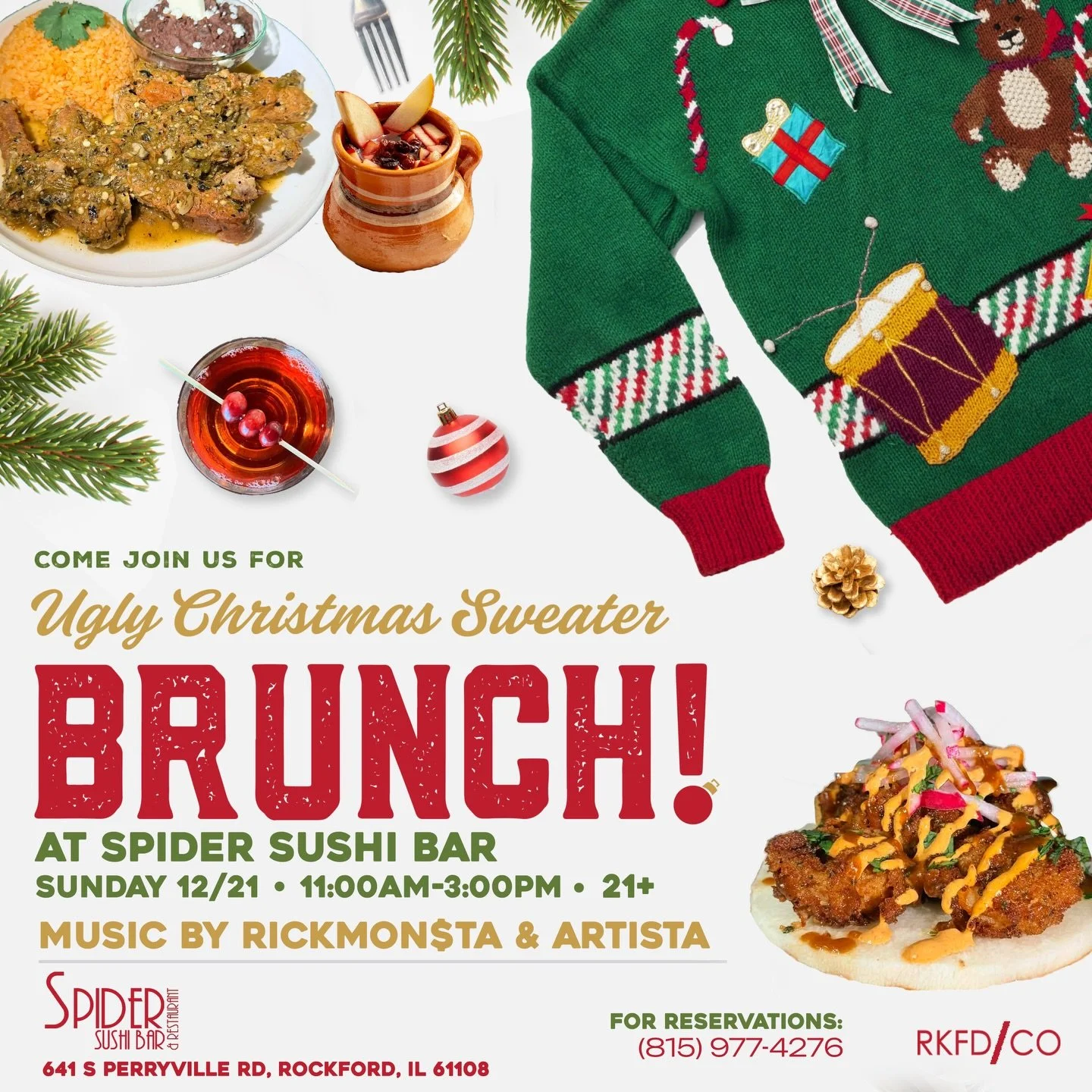 Join us this Sunday for Brunch at Spider Sushi! Ugly X-Mas Sweater edition! Call Spider Sushi for table reservations. Music by @djrickmonsta &amp; @artistamindset