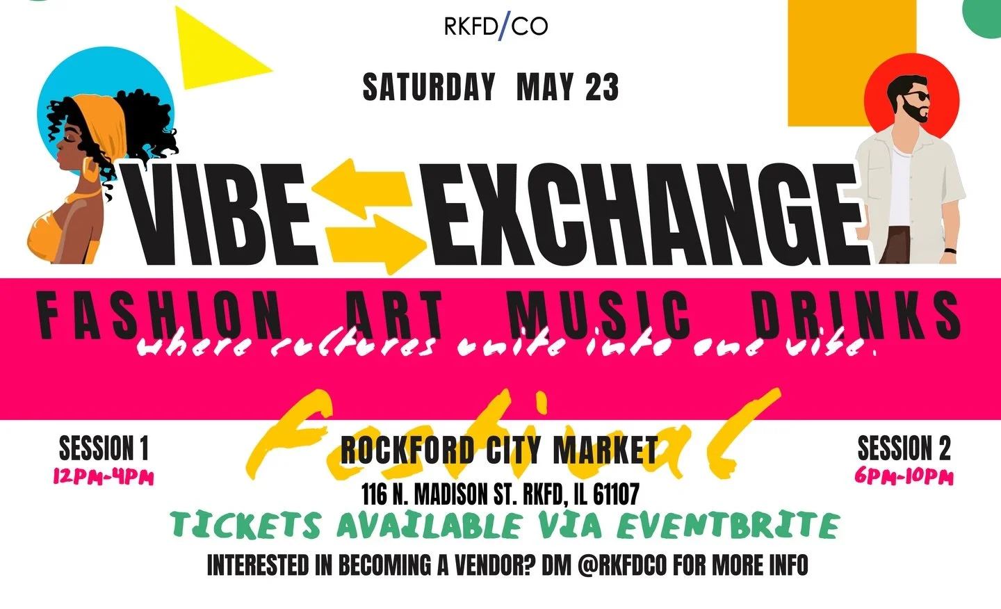 𝐕𝐈𝐁𝐄 𝐄𝐗𝐂𝐇𝐀𝐍𝐆𝐄 🔄 | Is coming to the Rockford City Market! Outdoor music experience where DJs, drinks, art, and vendors come together for one high-energy, culture-driven vibe.

Two available sessions! One for the Day from 12pm-4pm and one 