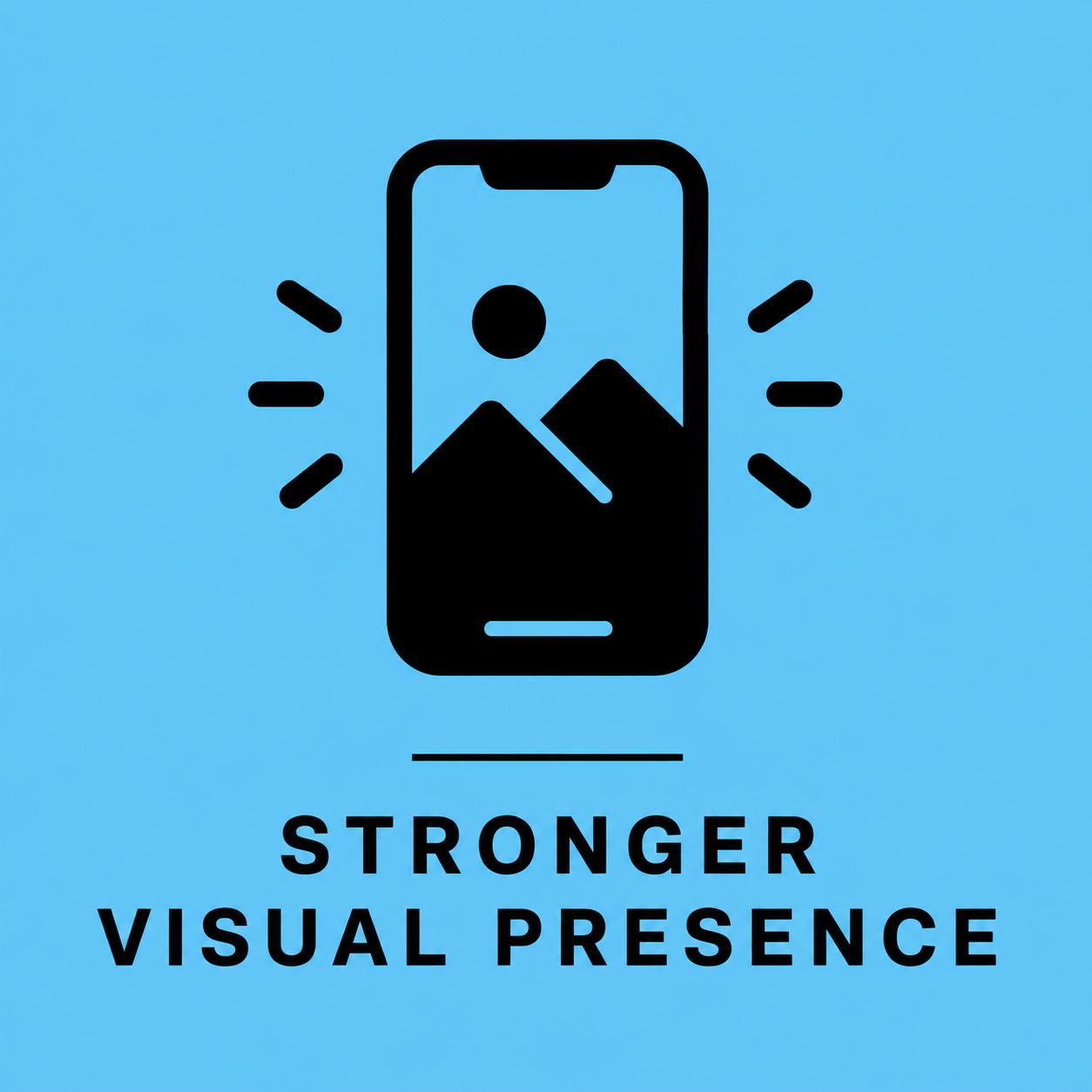 Icon of a smartphone with mountains and a sun inside, surrounded by lines suggesting emphasis, above the text 'Stronger Visual Presence' on a blue background.