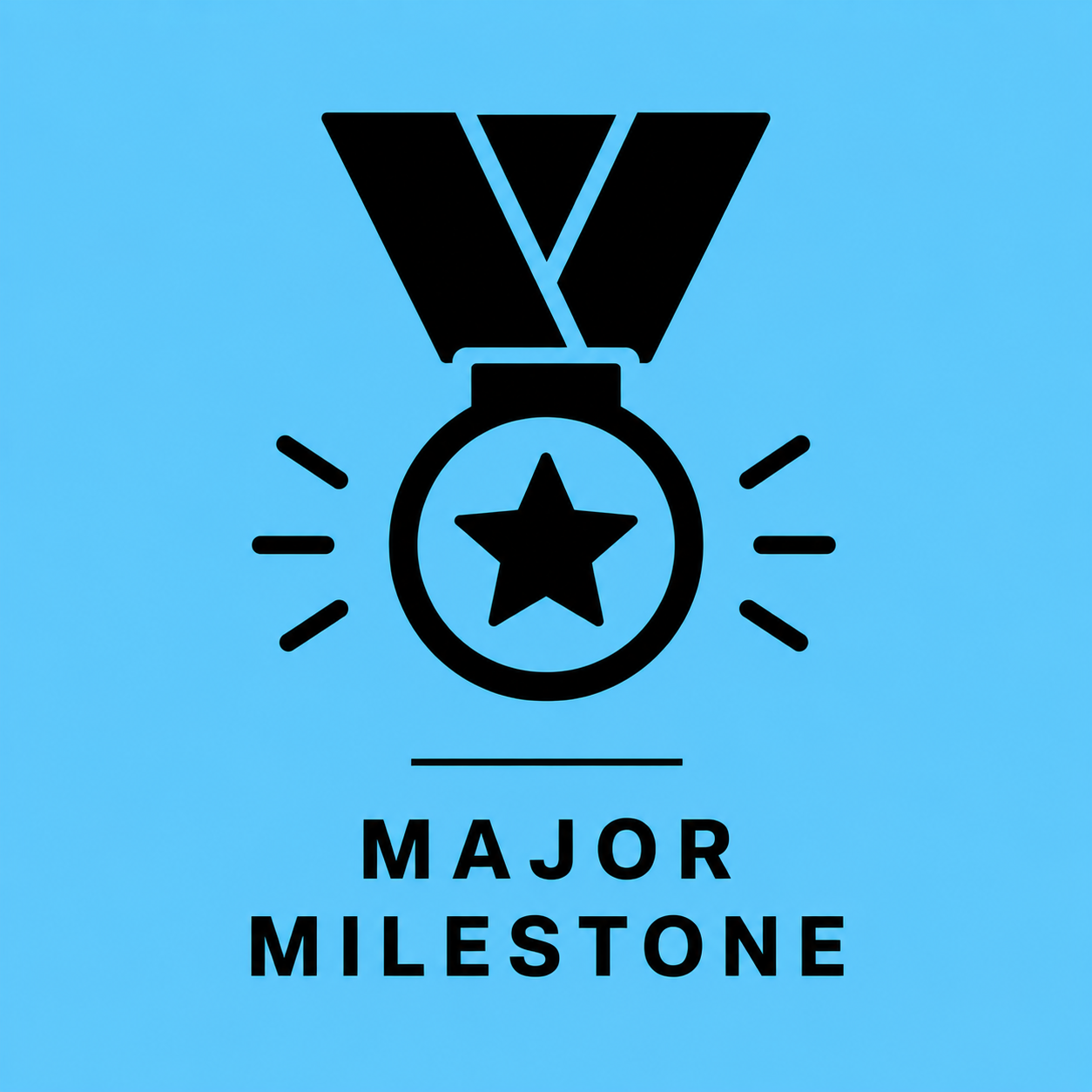 Black icon of a medal with a star in the center and rays around it, with the words "Major Milestone" below on a blue background.