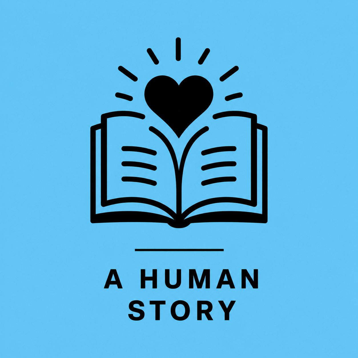 Line drawing of an open book with a heart above it and lines emanating from the heart, set against a blue background, with the text "A Human Story" below.