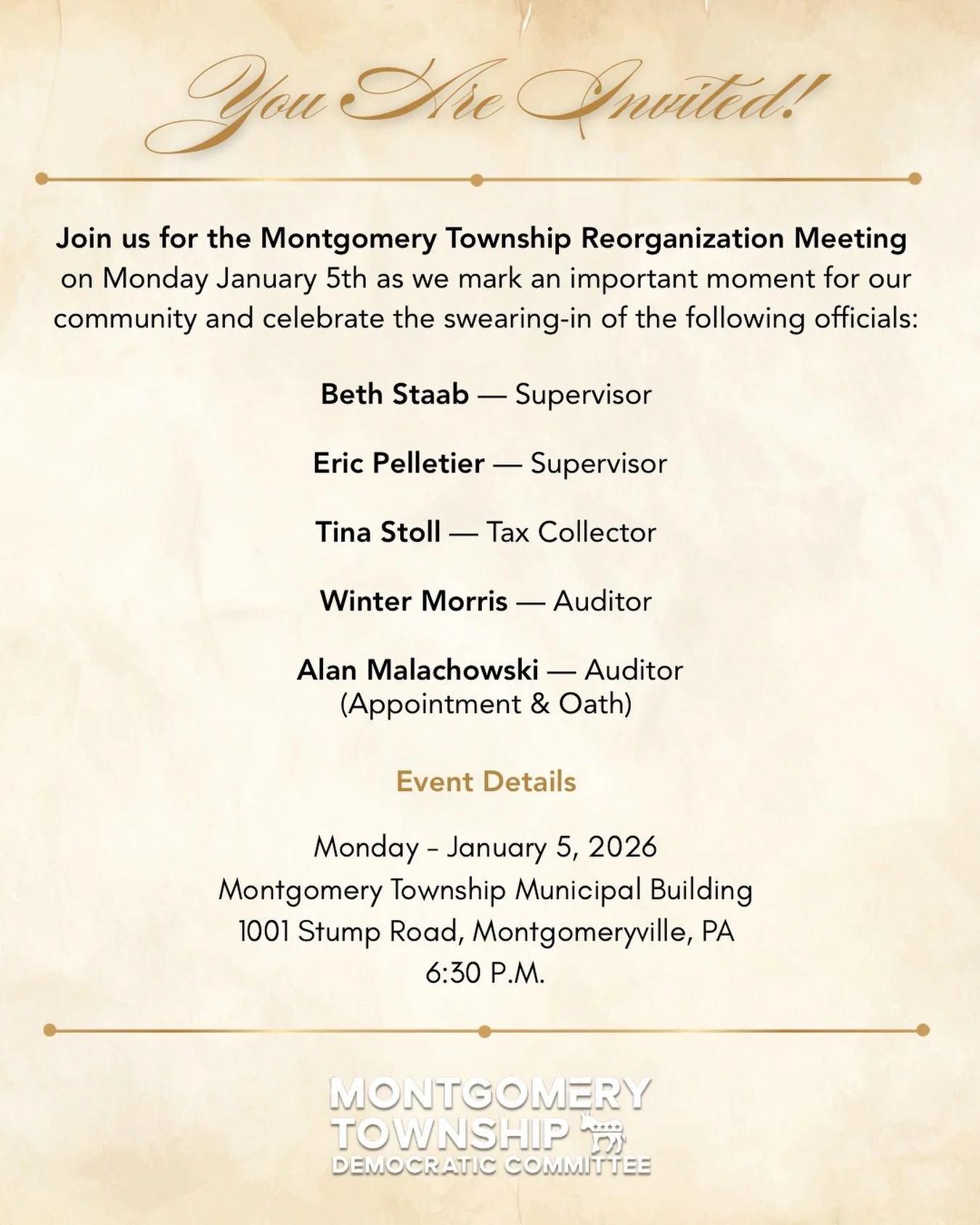 Please join us on January 5 at 6:30 PM for the Montgomery Township Reorganization Meeting. The evening will include the swearing-in of newly elected, re-elected and appointed Township officials. We hope to see you there!