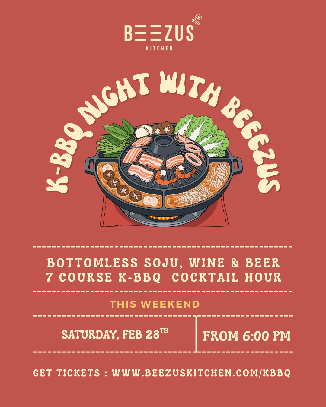 Promotional flyer for "K-BBQ Night with Beezus," featuring an image of a BBQ grill with meat, scheduled for Saturday, November 9th at Ikoyi. Includes details about a 7-course Korean BBQ, cocktail hour, and bottomless soju, wine, and beer for ₦82,000 per person. Event starts at 6:00 PM. Website listed for tickets: beezuskitchen.com/kbbq.