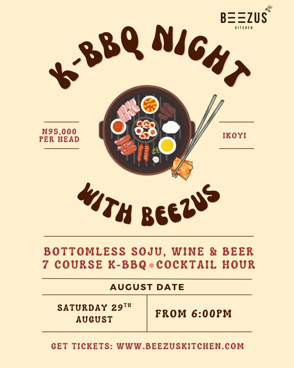 Promotional poster for "K-BBQ Night with Beezus" featuring grilled meat on a skillet, kimchi, and sauces. Event details: 7 course K-BBQ, cocktail hour, bottomless soju, wine, and beer. Scheduled for Saturday, November 9th, from 6:00 PM at Ikoyi. Pric