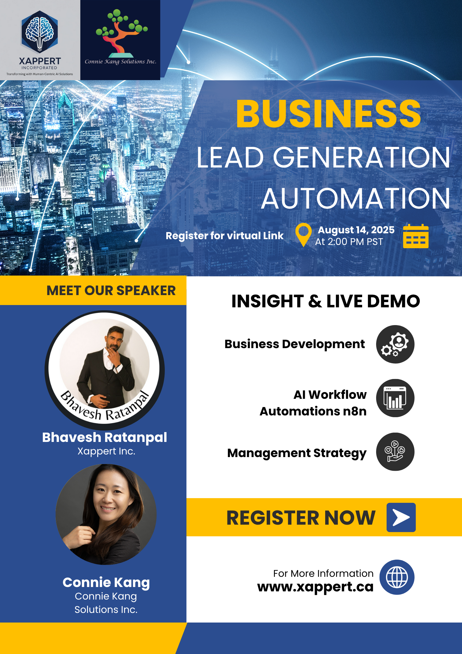 Digital flyer for a virtual business event titled "Business Lead Generation Automation" scheduled for August 14, 2025, at 2:00 PM PST. Features photos of speakers Bhavesh Ratanpal and Connie Kang, with details about topics like business development, AI workflow automation, and management strategy. Contains logos of Xappert Inc. and Connie Kang Solutions Inc., and an invitation to register through the website www.xappert.ca.