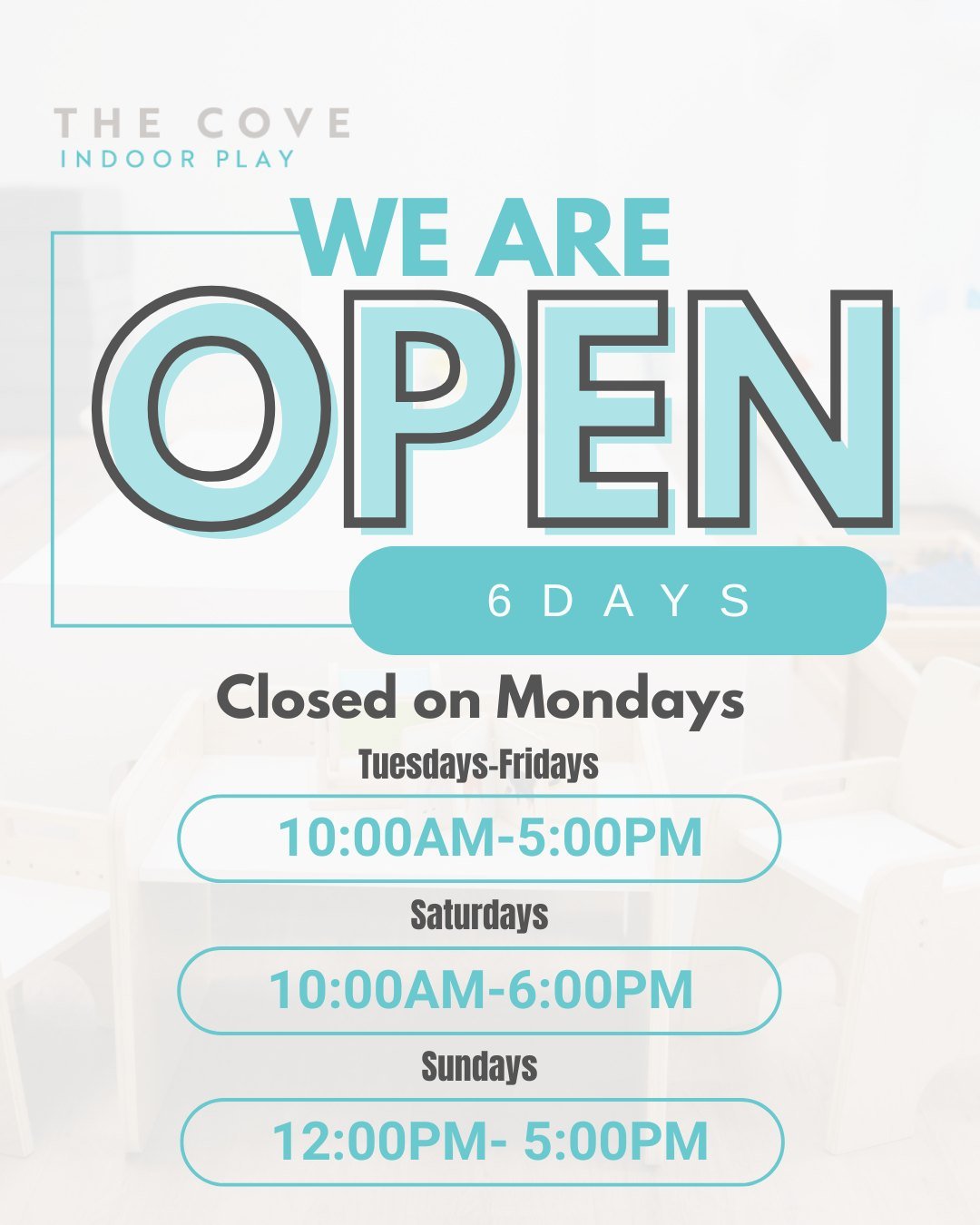 We&rsquo;ve updated our hours at The Cove Indoor Play. Please note that we are now closed on Mondays. Thank you for your understanding and support. All the best, The Cove Team