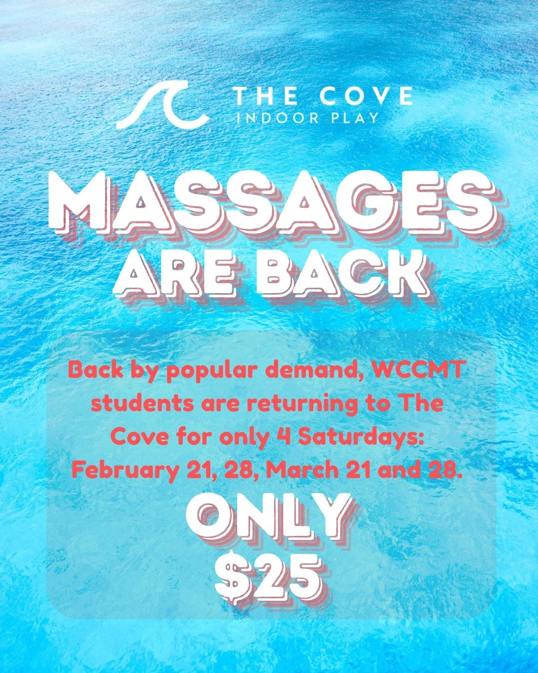 Welcome Back, WCCMT Students! 
We&rsquo;re thrilled to host a pop- up outreach  at The Cove,  only 4 days available! Feb 21, 28 and March 21 and 28. A perfect opportunity to relax, recharge, and support our community. Book now for only $25 for an hou