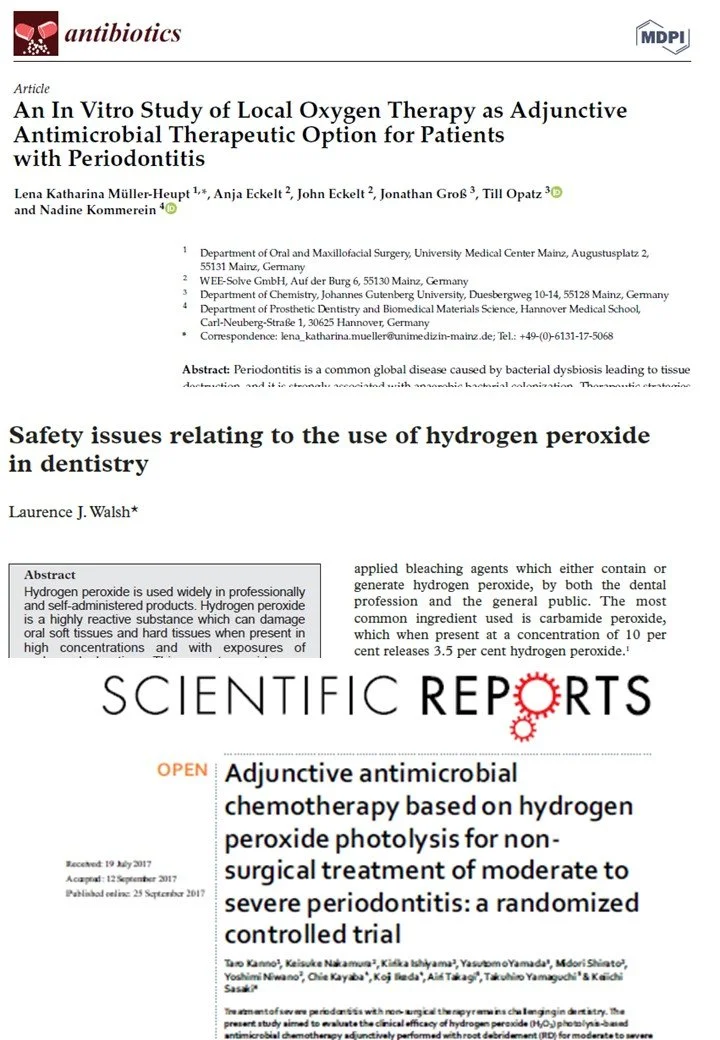 Scientific journal article page with title 'An In Vitro Study of Local Oxygen Therapy as Adjunctive Antimicrobial Therapeutic Option for Patients with Periodontitis' and section 'Safety issues relating to the use of hydrogen peroxide in dentistry'.