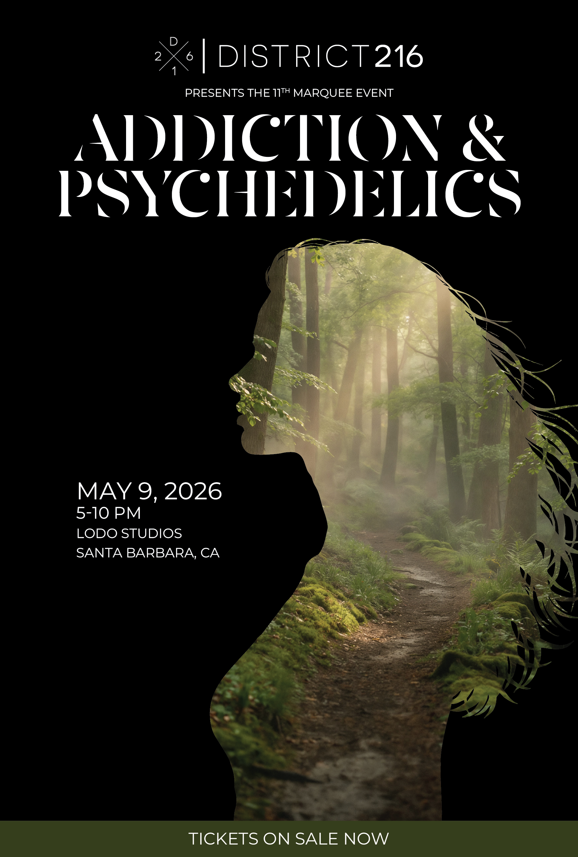 Flyer for Addiction & Psychedelics event with forest path and silhouette of a person.
