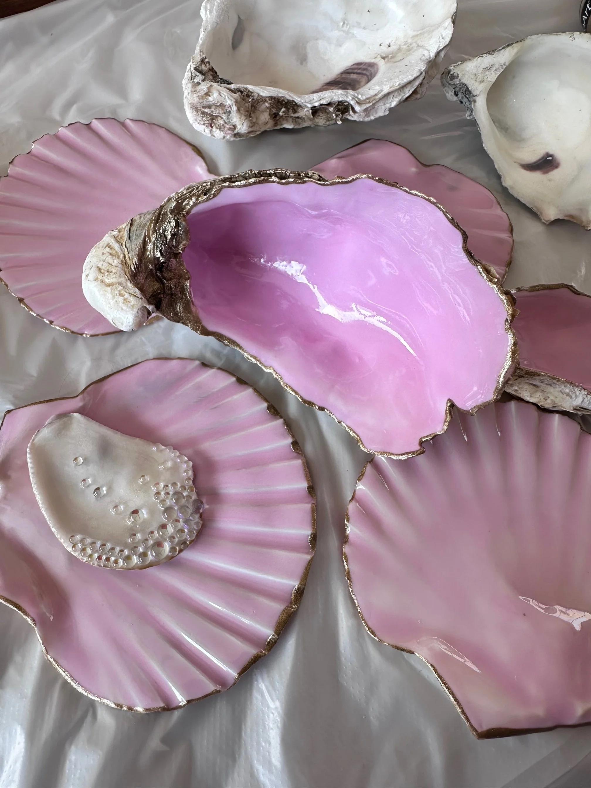 Oyster and scallop shell trinket dishes, pink resin addition
